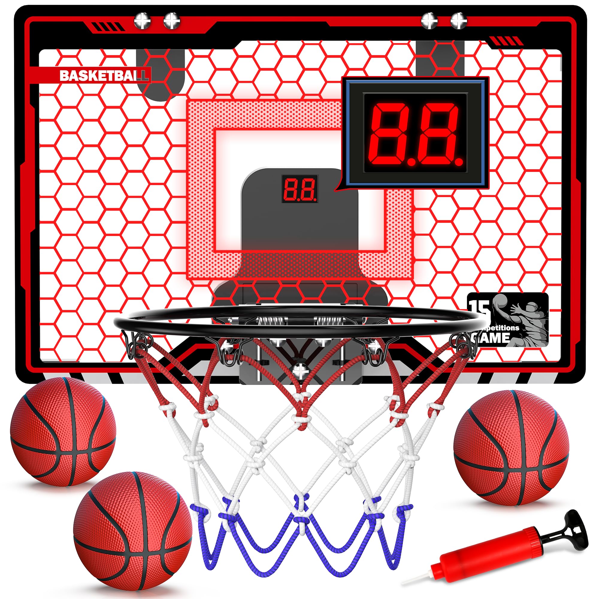 HopeRock Indoor Basketball Hoop for Kids, Over The Door Mini Basketball Hoops, with LED Light, Scoreboard, Birthday Toys Gifts for 5 6 7 8 9 10 11 12+ Year Old Boys