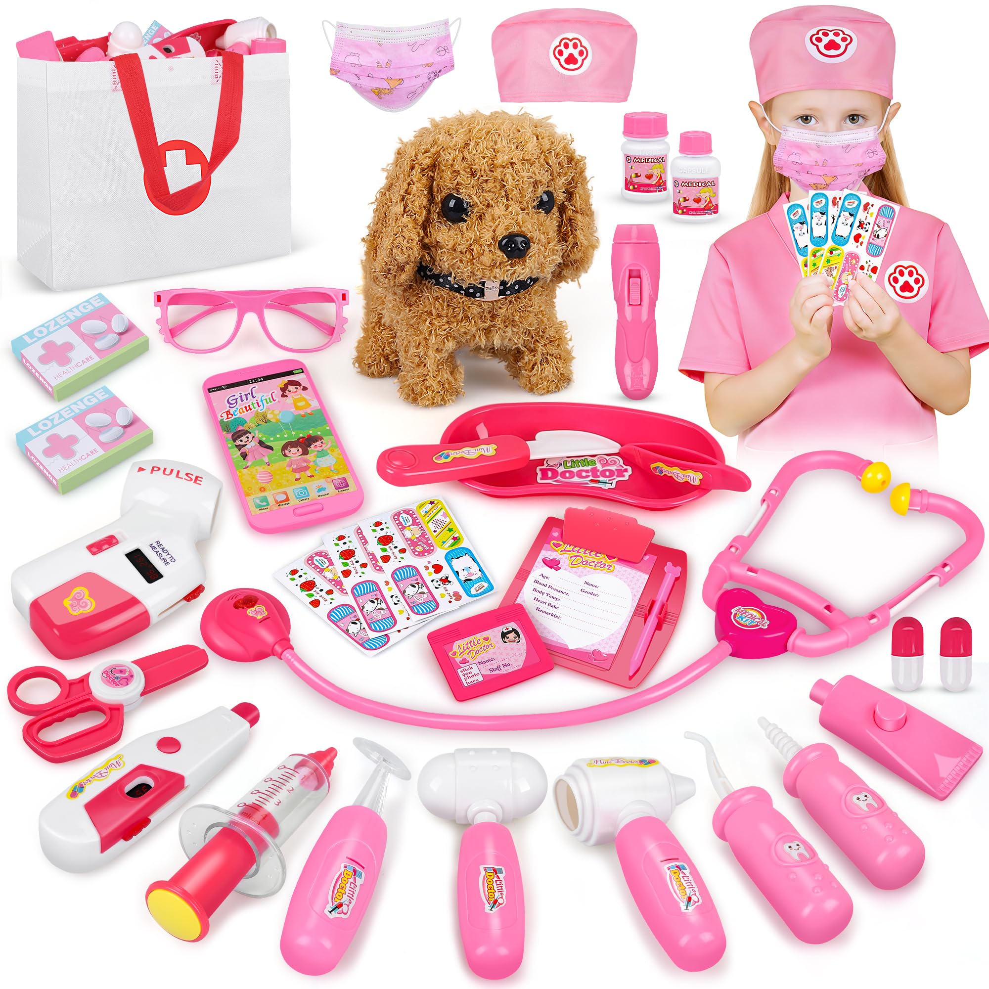 33Pcs Pet Doctor Kit for Kids, Pretend Vet Play Set with Dog Toy, Stethoscope, Carrying Bag & Dress Up Costume, Role Play Toys, Birthday for Boys Girls Ages 3-8