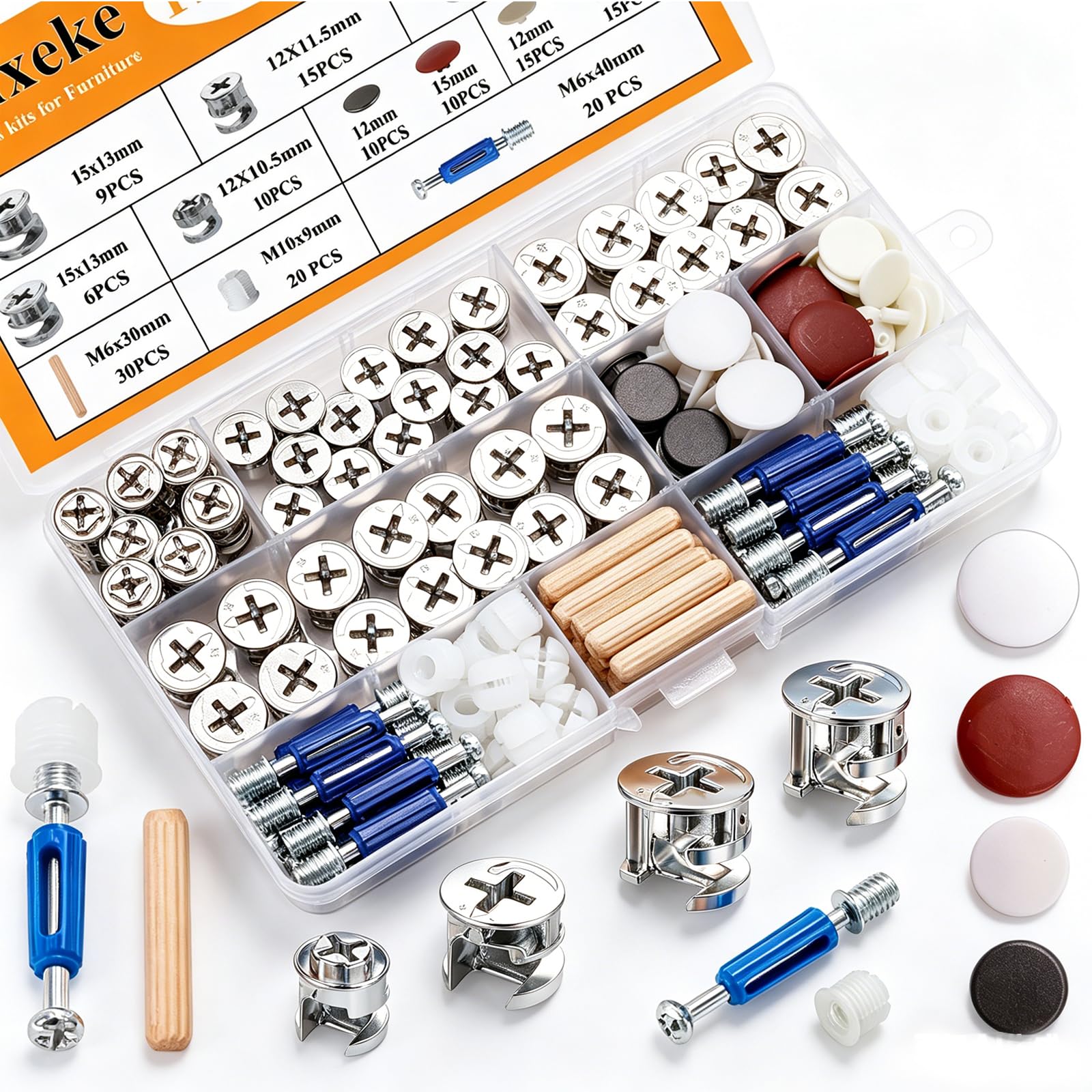 170PCS Cam Locks for Furniture,3-in-1 Eccentric Hardware Wheels,Furniture Fasteners & Connectors with Multi-Size Nuts,Bolts and Wood Dowel Pins-Assortment Kit for Furniture Assembly/Repair