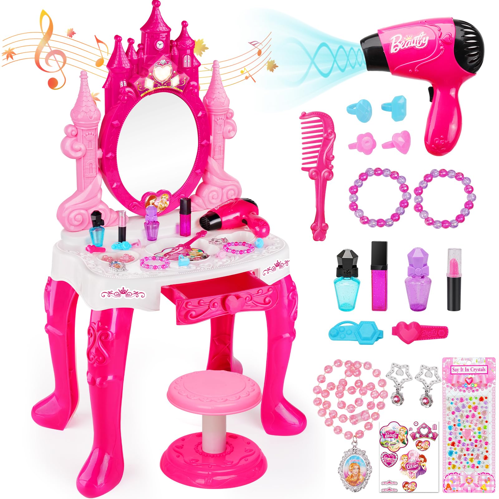 Kids Vanity for Girls, Toddler Makeup Vanity Table and Chair Set Set Toys with Music Light, Pretend Play Princess Dress Up Playset Gift for Toddler Girls 3 4 5 6 Years Old