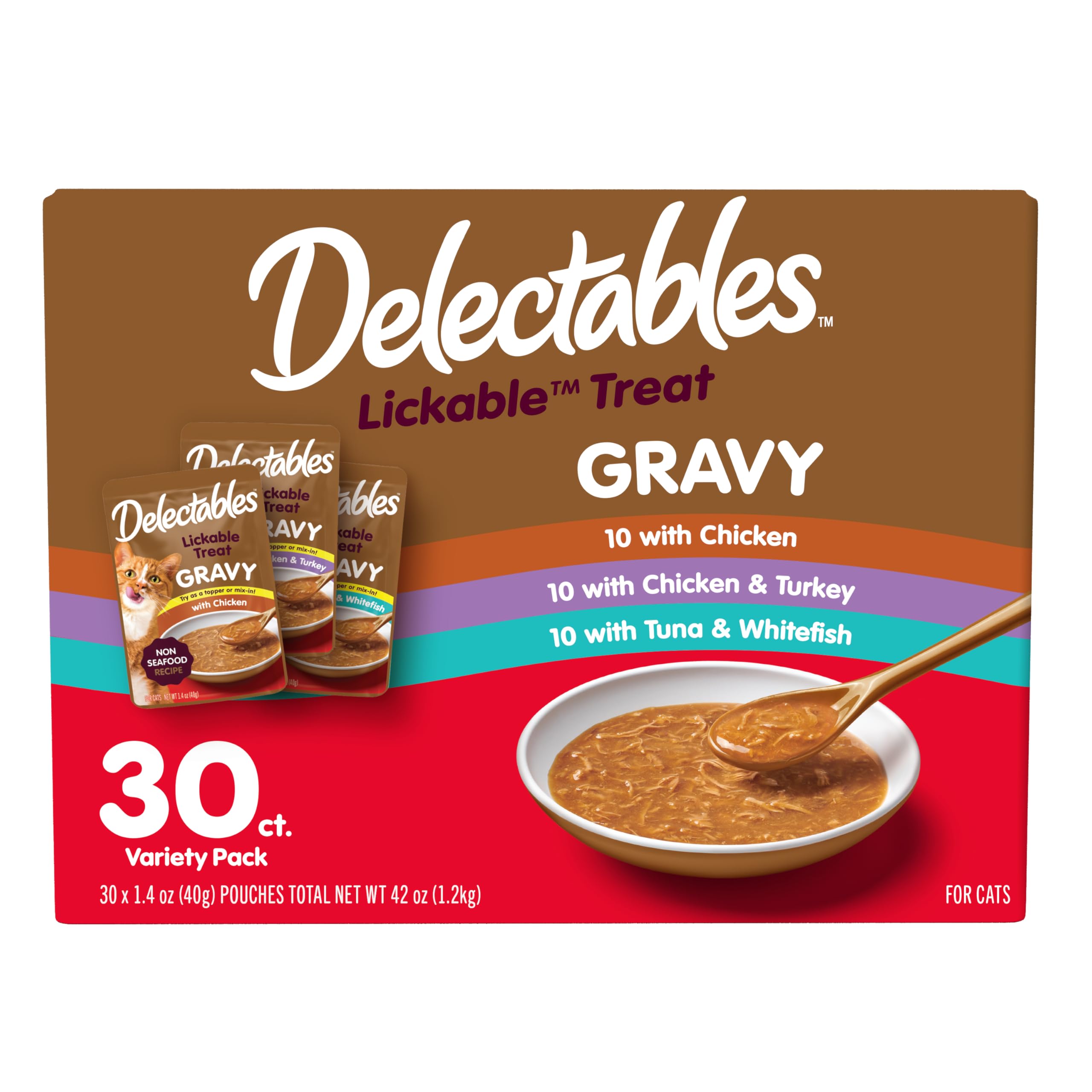 Delectables Lickable Treat Gravy Variety Wet Cat Treat & Food Topper, Food Topper, Hydrating, Grain-Free, No Fillers, No by-Products, No Added Preservatives, 1.4oz Pouch, 30 Pack