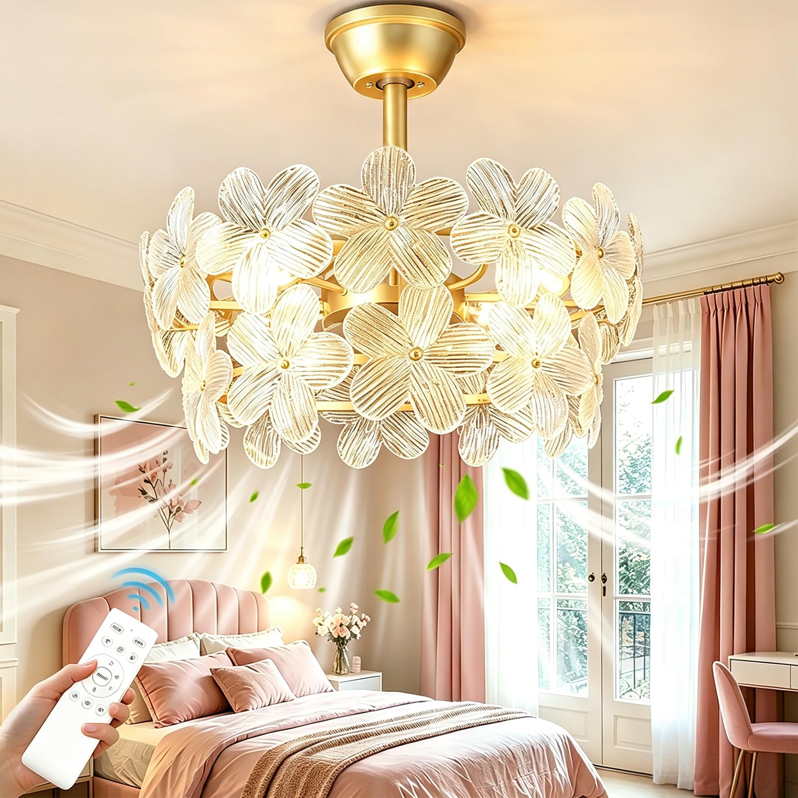 Gold Chandelier Ceiling Fan: 20" Flower Crystal Fandeliers Ceiling Fans with Lights Remote Control - Caged Mid-Century with 6 Speeds for Girls Bedroom Nursery Living Room