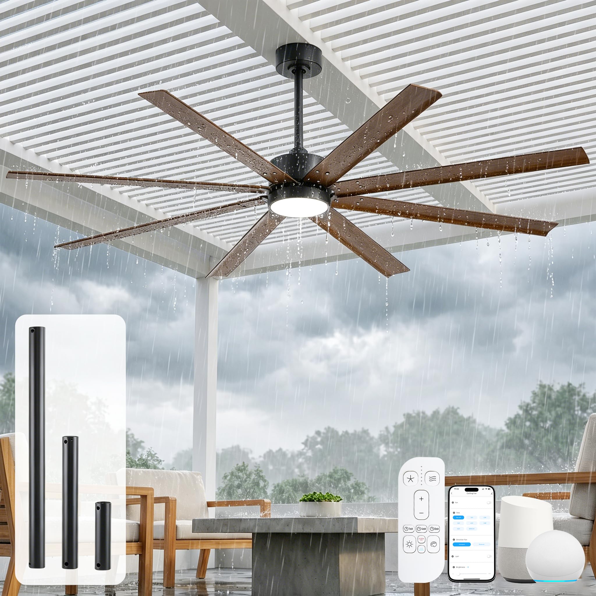 56 Inch Wet Rated Outdoor Smart Ceiling Fan with Light for Patios, Waterproof Ceiling Fan with Alexa/App/Remote Control, 8 Anti-Rust Aluminum Blades, Quiet DC Motor with 7446 CFM Airflow, ETL Listed