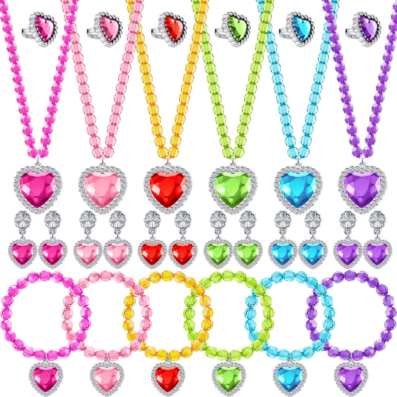 Henoyso 6 Set Princess Jewelry Dress Up Pretend Toy Colorful Jewelry Set with Necklace Bracelet Rings Earrings Princess Costume Beaded Toy Necklace for Party Favors Costume