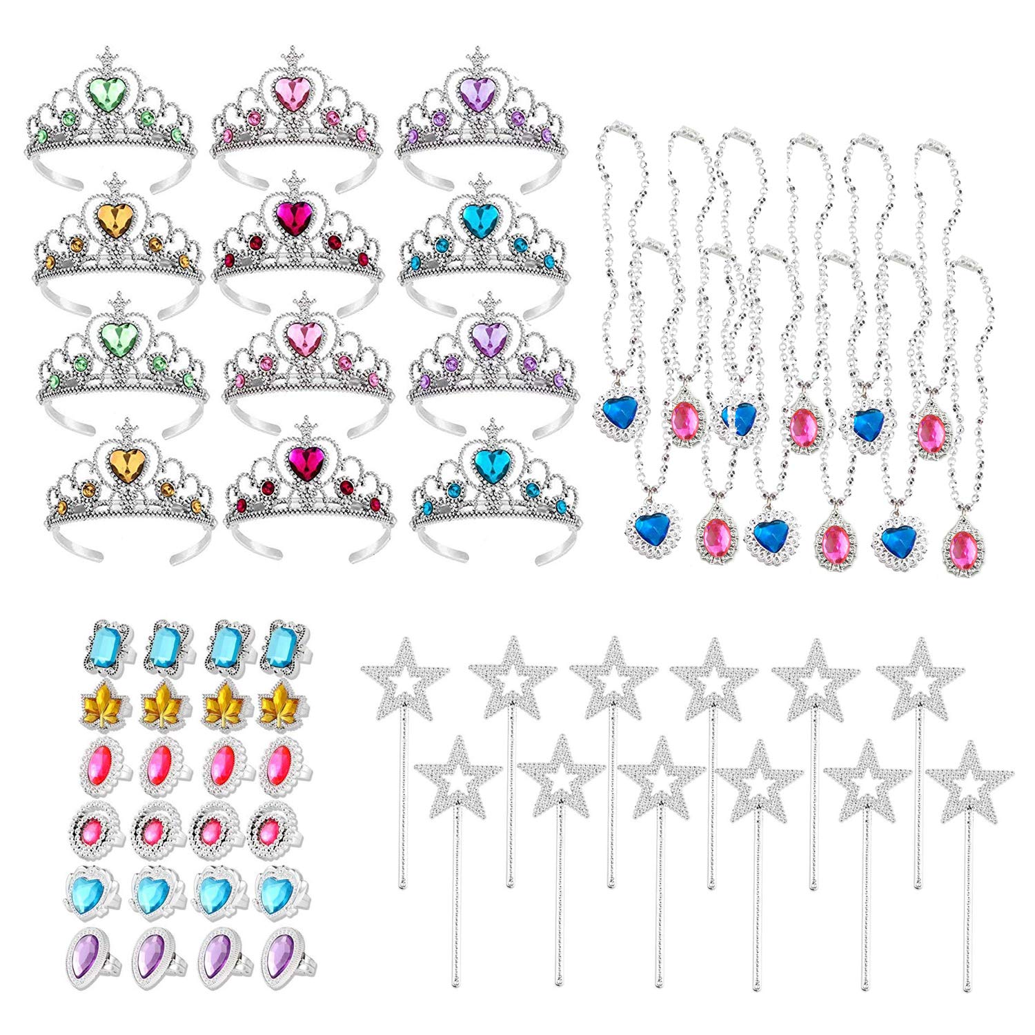 S & E TEACHER'S EDITION 60 Pcs Tiaras Crown Set, Princess Pretend Play Dress Up Set 12 Crowns 12 Wands 24 Rings 12 Nacklaces Princess Jewelry Toys for girls Costume Party Accessories