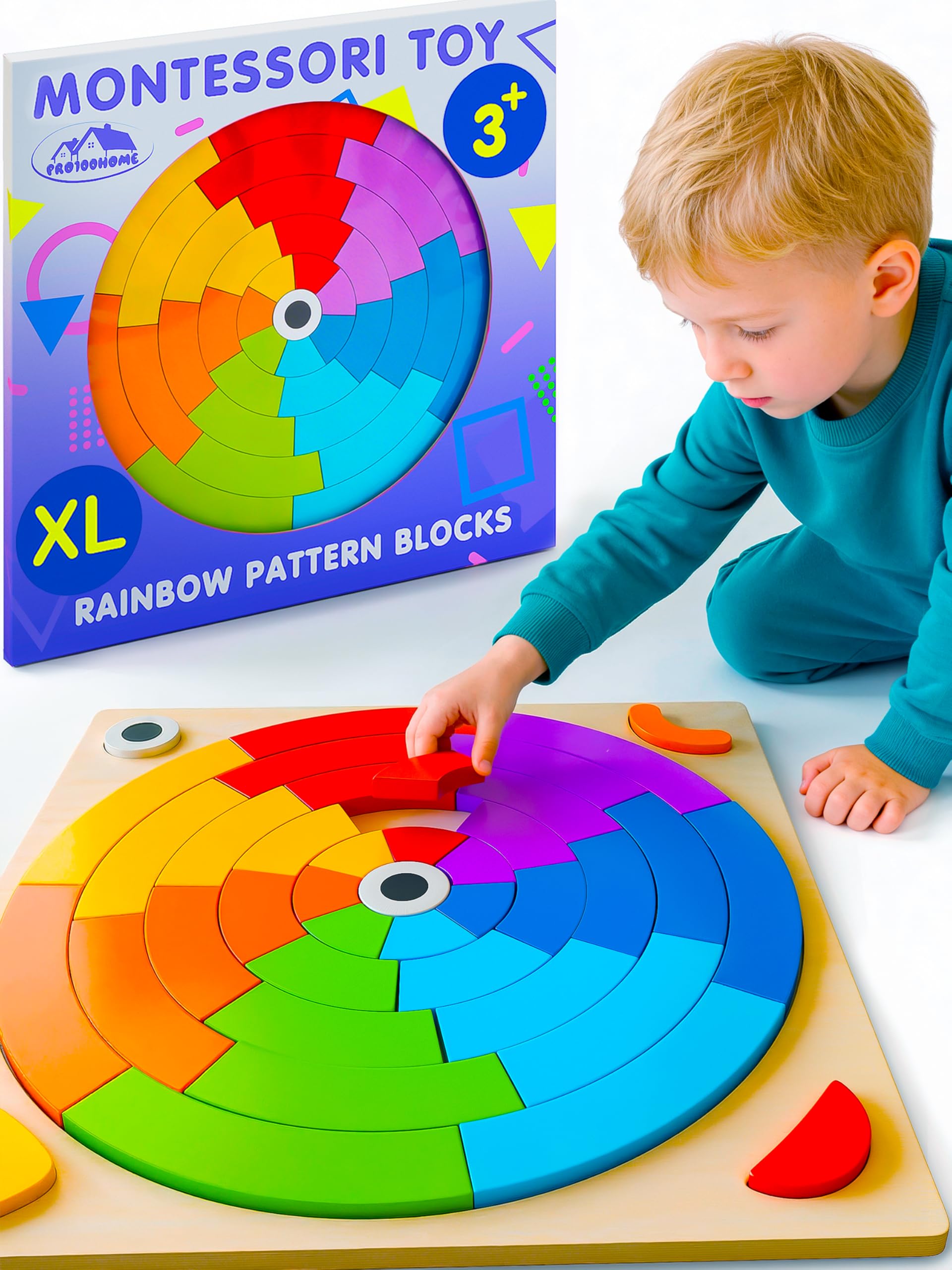 Preschool learning activities Montessori toys – rainbow wooden pattern blocks tangrams color sorting stacking educational games for kids fine motor skills baby girls and boys for 3 4 5 years old (XL)