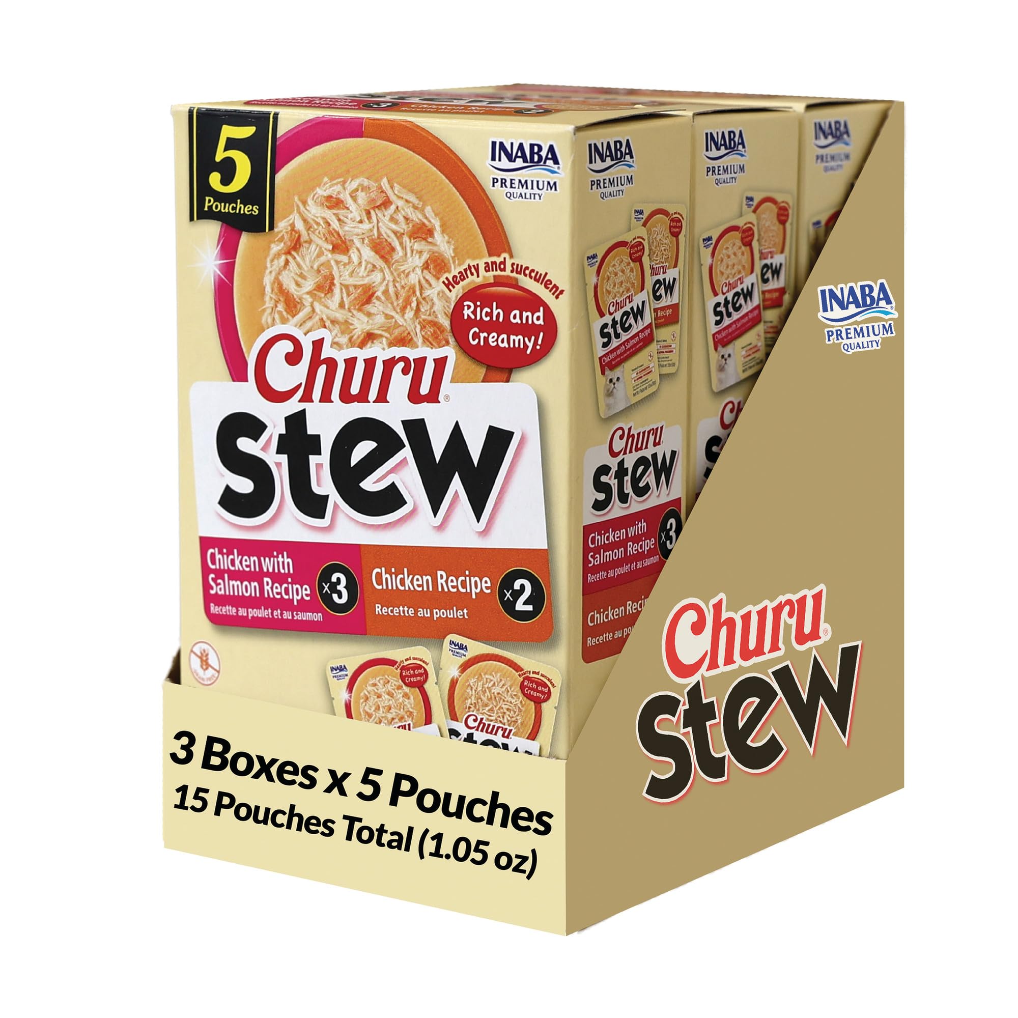 INABA Churu Stew for Cats, Creamy Purée Side Dish Pouch, 1.05 oz Pouches, 15 Pouches Total, Chicken Variety