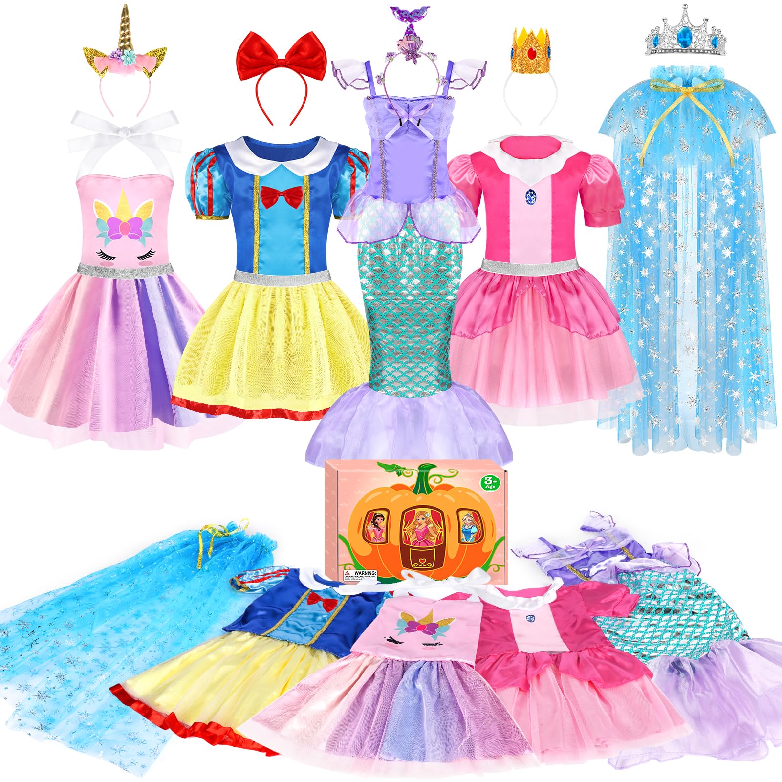 EULRGAUS Princess Dress Up, Dress Up Clothes for Girls 3-6, Cosplay Princess Costume Gift Set with Princess Dresses and Princess Toys, Pretend Play Toddler Girl Toys, Halloween Christmas Birthday Gift