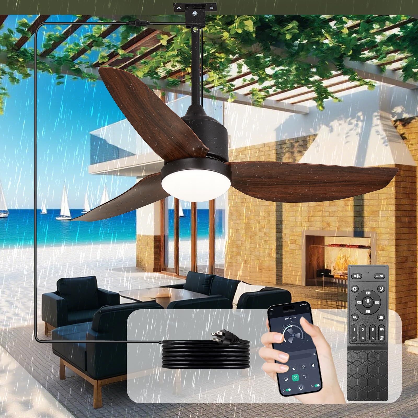 DINGLILIGHTING Outdoor Ceiling Fans for Patios: 42" Walnut Plug in Ceiling Fans with Lights for Gazebo - Waterproof Hanging Fan with Remote APP for Porch Dimmable 3 Color Light