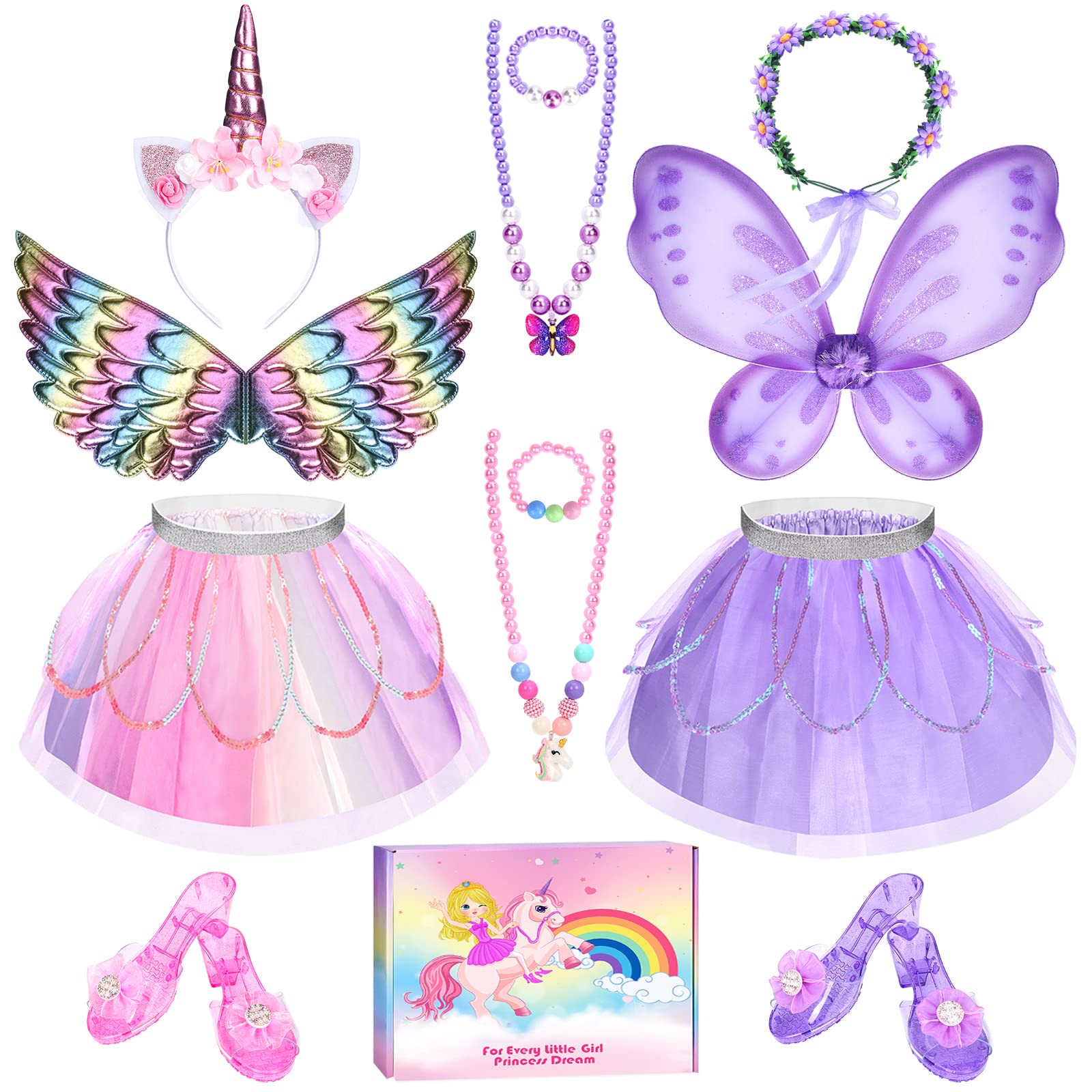 Princess Dress Up for Girls 3-6, Toddler Dress Up Clothes, Unicorn & Flower Hairbands, Princess Shoes Toy, Tutu, Wings, Jewelry, Pretend Play Toddler Girl Toys for Halloween Christmas Birthday Gifts