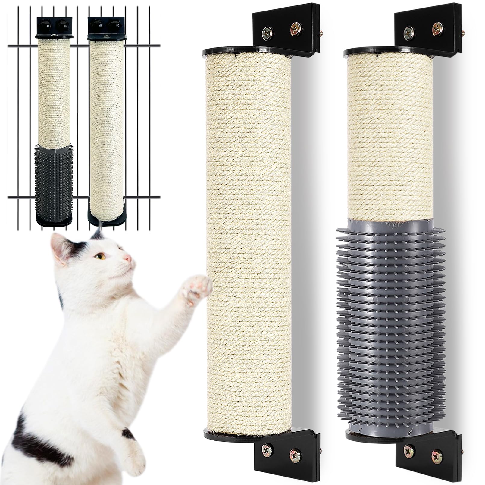 Cat Scratching Post Wall Mounted 2 Pack Cage Mount Cat Scratcher 2-in-1 Natural Sisal Kitty Scratch Posts with Self Groomer Massager for Scratch and Climbing 15.7x2.7in (White)