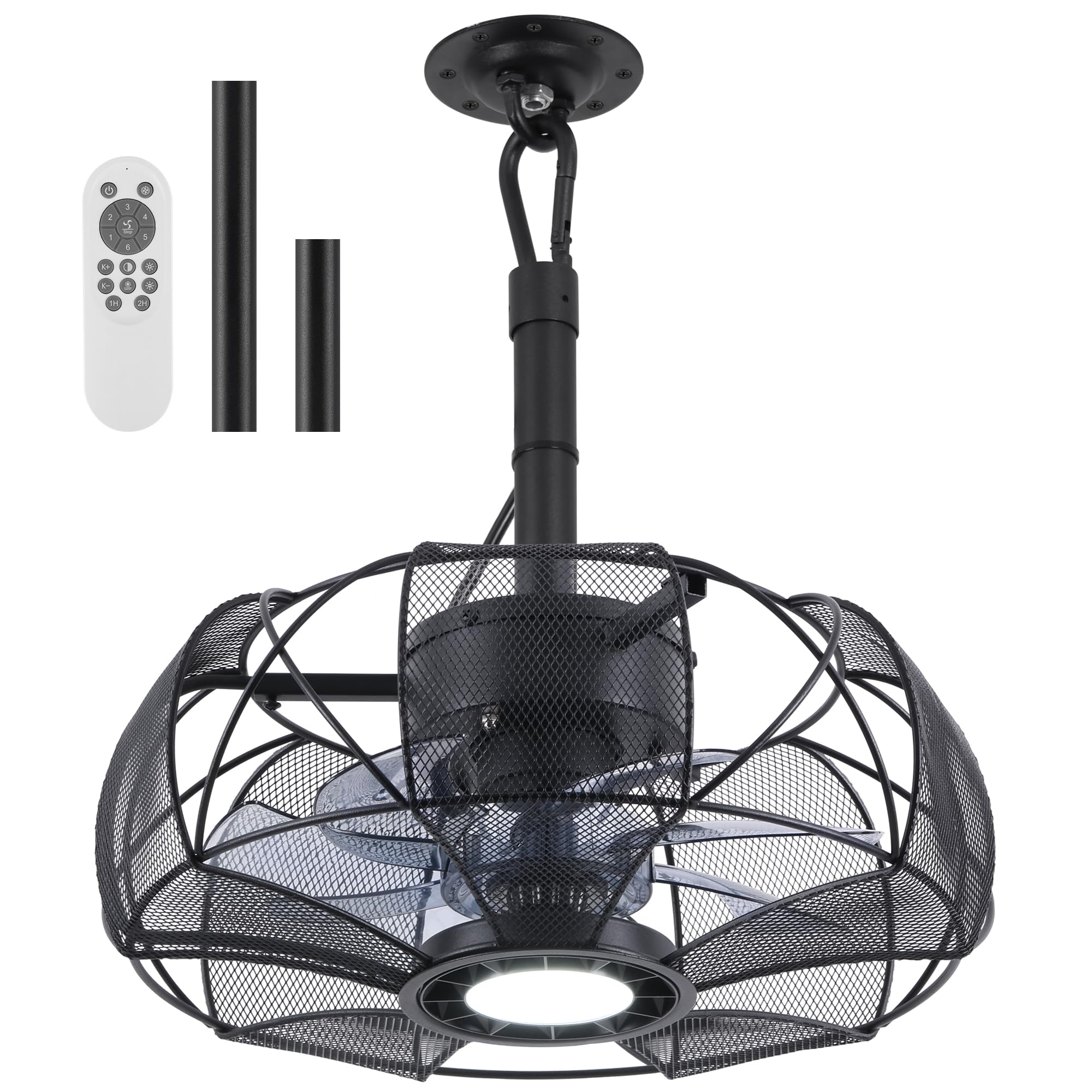 Black Caged Gazebo Fan with Dimmable LED Light, 15-Inches Portable Outdoor Ceiling Fan with Hanging Hook and Remote Smart App, Plug in Patio Fans for Outside Porch Yard Garage