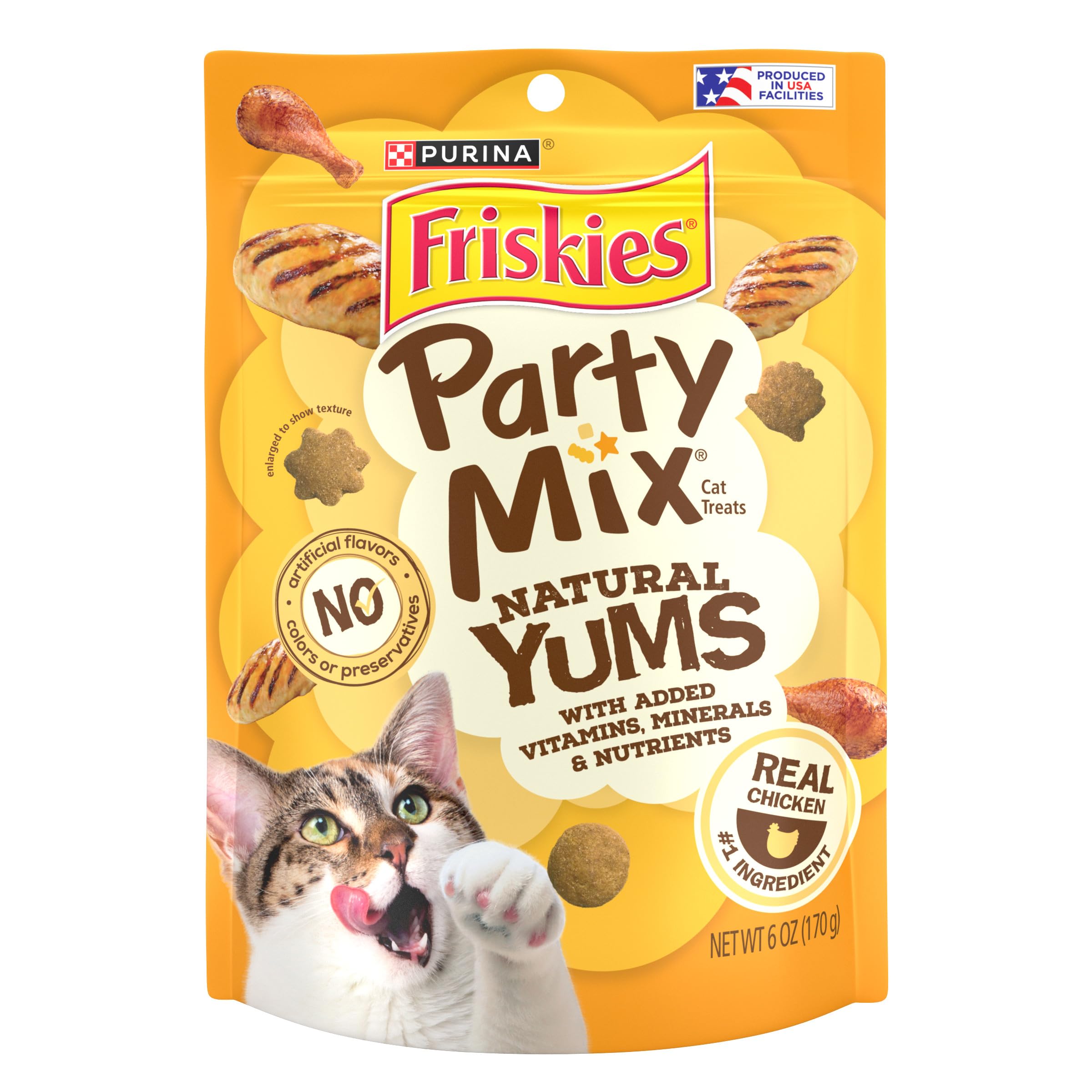 Purina Friskies Natural Cat Treats, Party Mix Natural Yums With Real Chicken & Vitamins, Minerals & Nutrients - (Pack of 6) 6 oz. Pouches