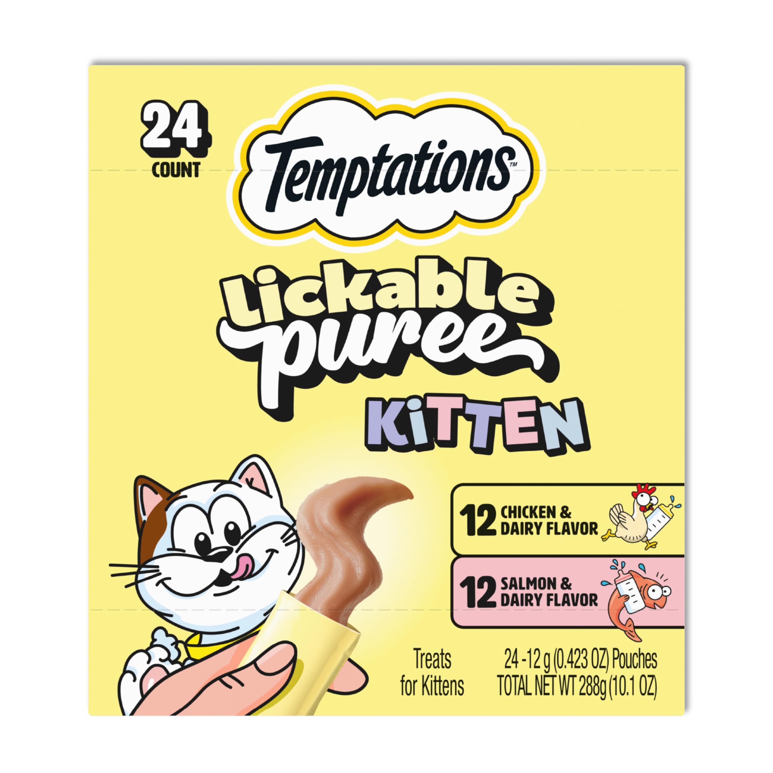 Temptations Puree Kitten Treats Lickable, Chicken and Salmon Variety Pack, 24 Pouches