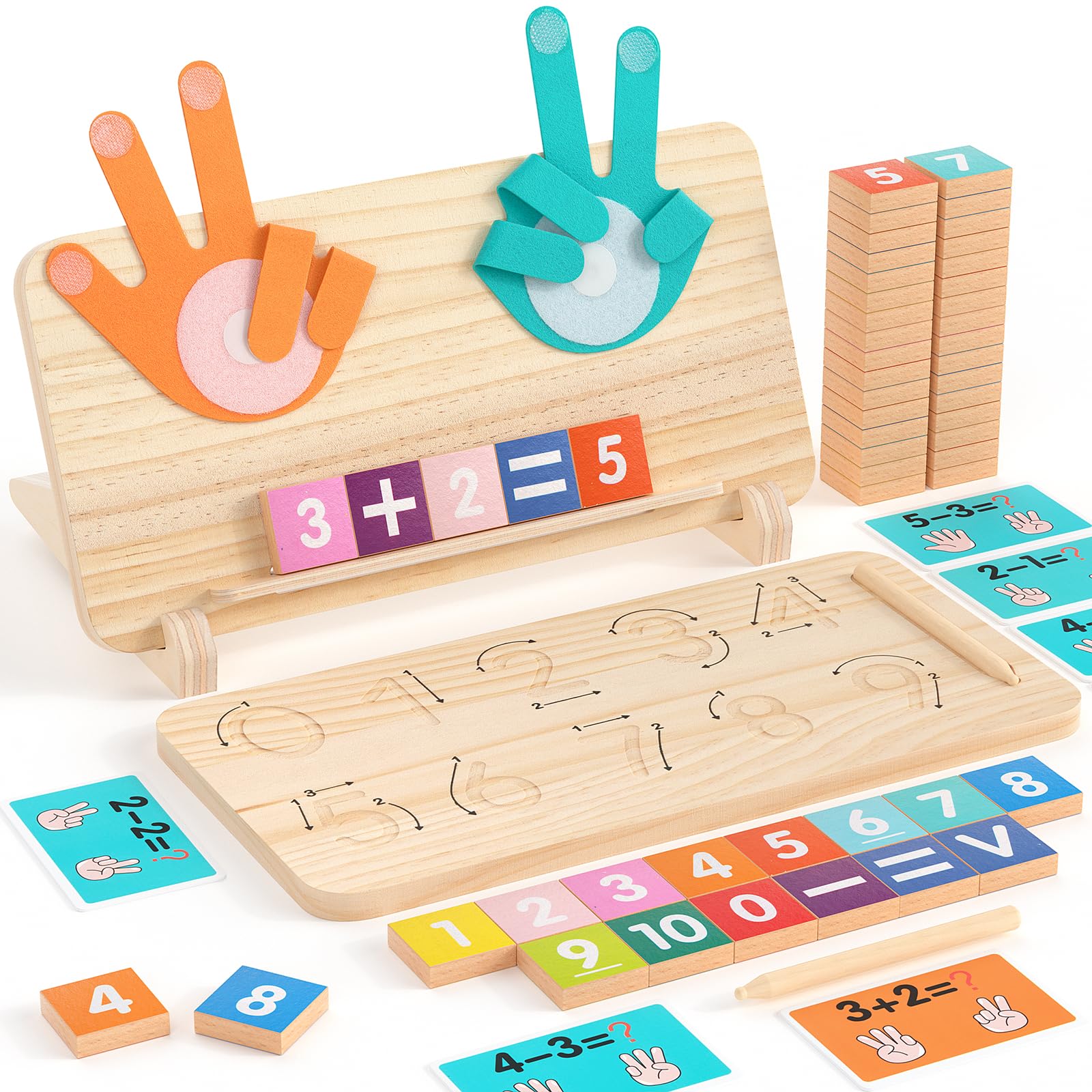 Montessori Learning Toys for Toddlers 2-4, Double-Sided Finger Counting & Number Tracing Board, Number Blocks,Solid Pine Wood Educational Math Toy for Kids Boys Girls Ages 3 4 5 Year Old Birthday Gift