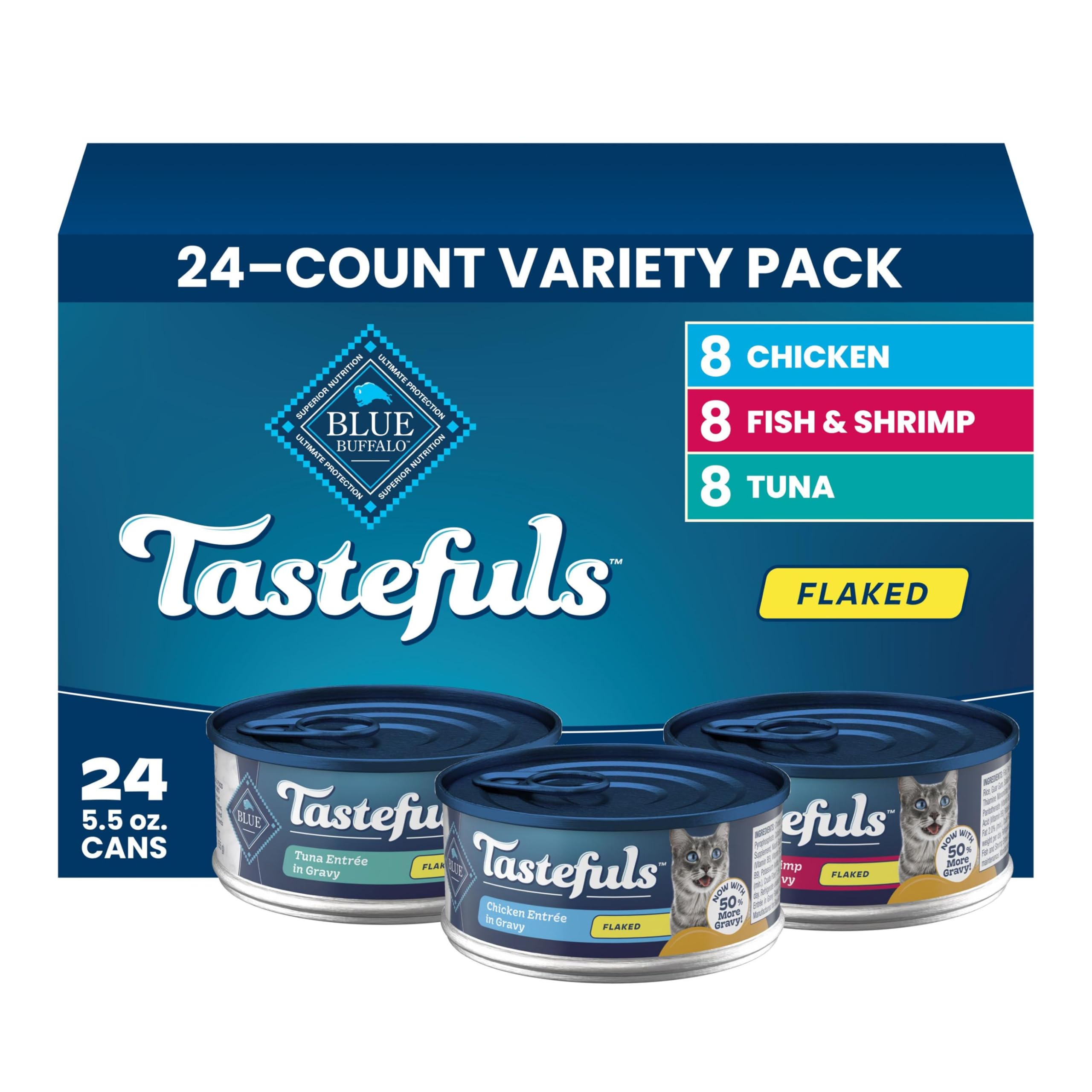 Blue Buffalo Tastefuls Flaked Adult Wet Cat Food Variety Pack (Tuna, Chicken, Fish & Shrimp), Natural Ingredients Enhanced with Vitamins, Minerals & Other Nutrients, 5.5-oz. Each (24 Cans)