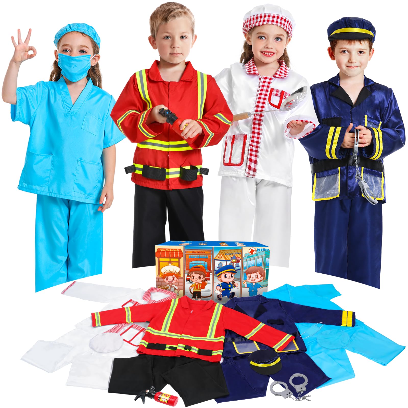 DISHIO Dress Up Clothes for Kids Pretend Role Play Costumes Trunk Toddlers Dress Up Costumes with Fireman Police Doctor Chef Kids Costume Dress Up for Boys Girls Birthday Party Age 3 to 6
