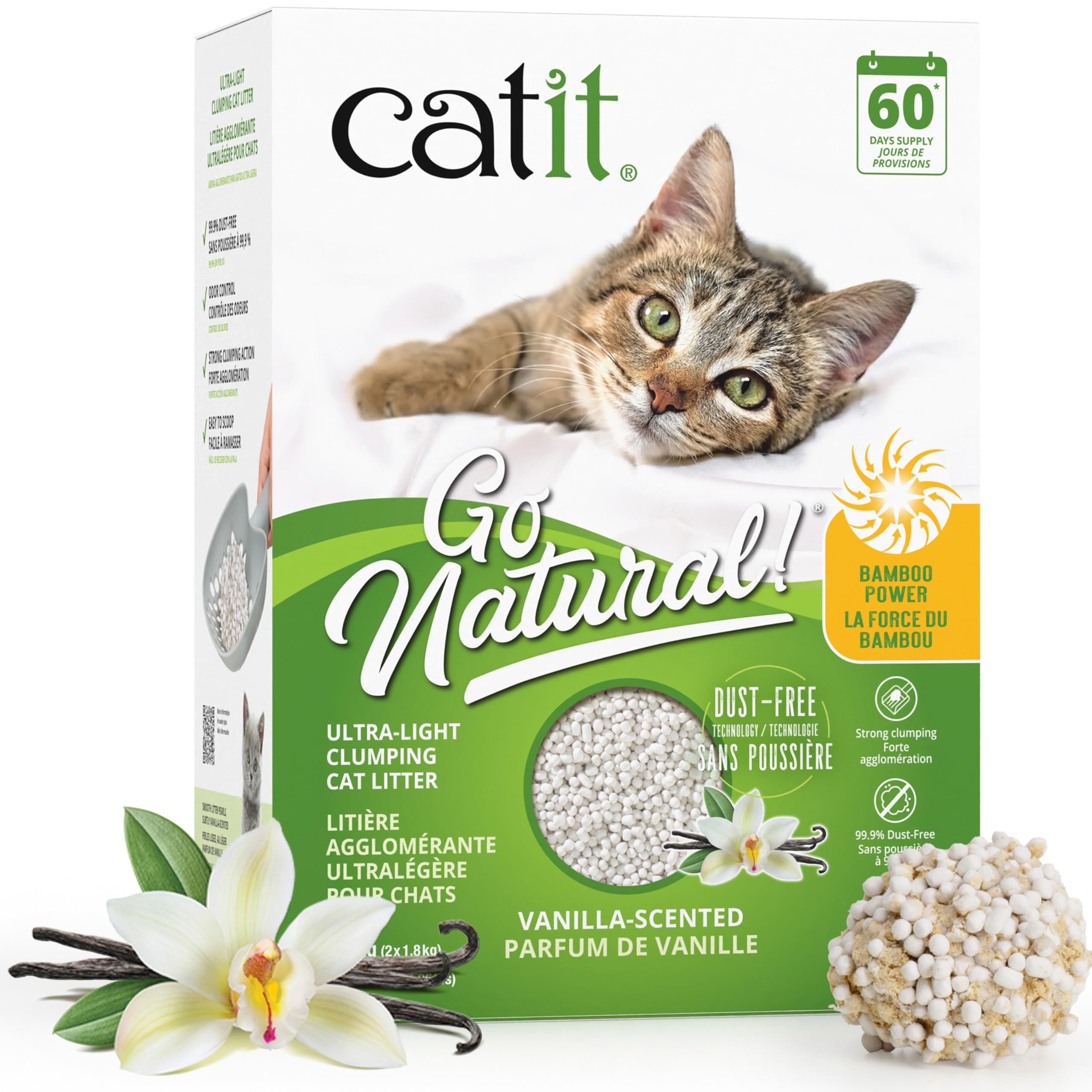 Catit Go Natural Ultra-Light Clumping Cat Litter, Bamboo Pellets, Dust-Free, Lightweight, Compostable, Vanilla Scent, Soft on Paws, Deodorizing, Eco-Friendly Litter 7.9lb
