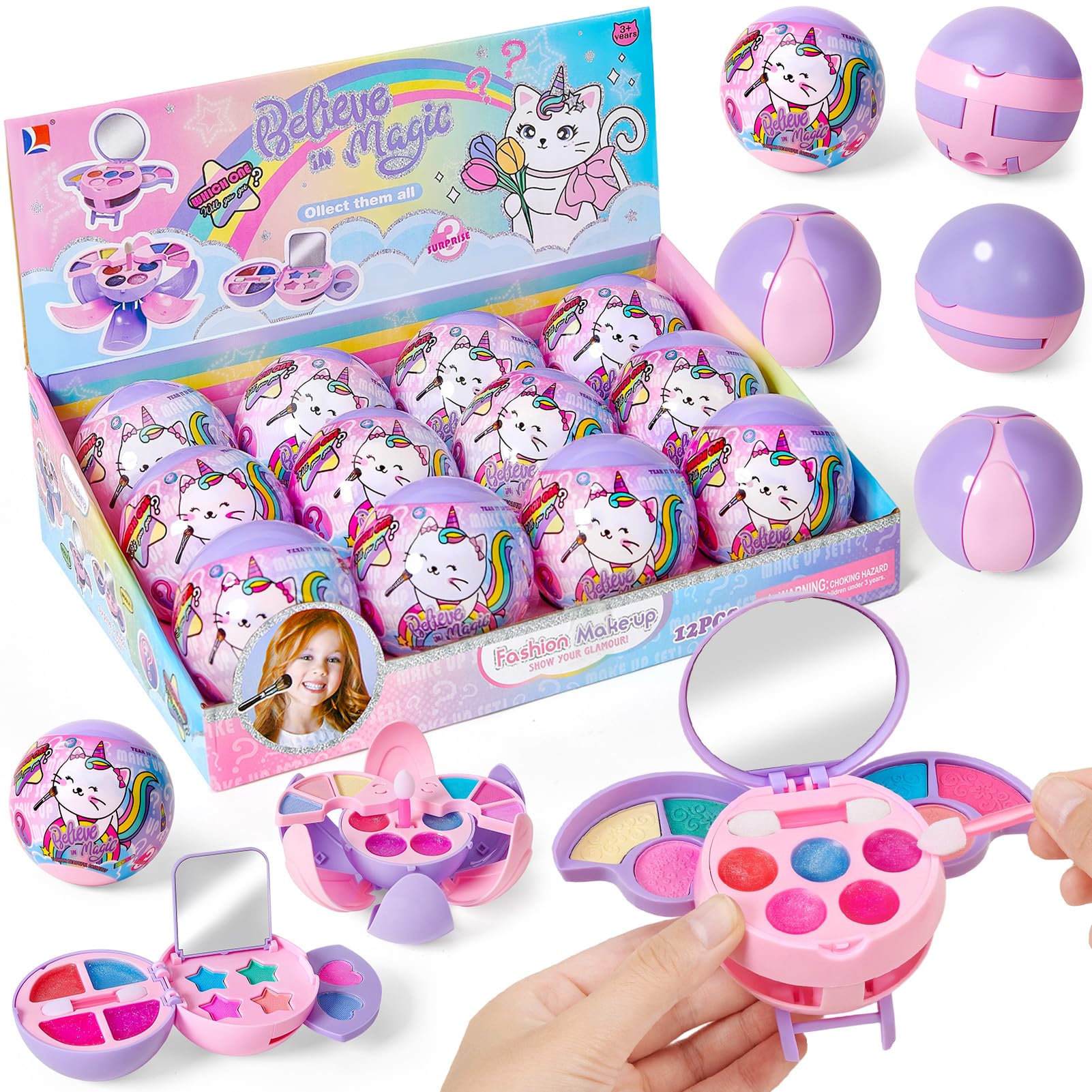 Cleboen 12 Pack Kids Makeup Blind Ball Party Favors - Surprise Cosmetic Blind Balls with Lip Gloss, Eyeshadow & Sponge Blusher (3 Styles, 2 with Mirrors), Party Favors Supplies Gifts for Girls