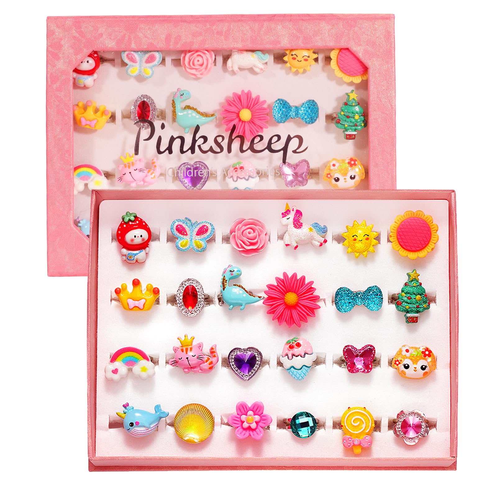 PinkSheep Little Girl Jewel Rings in Box, Adjustable, No Duplication, Girl Pretend Play and Dress Up Rings (24 Lovely Ring)