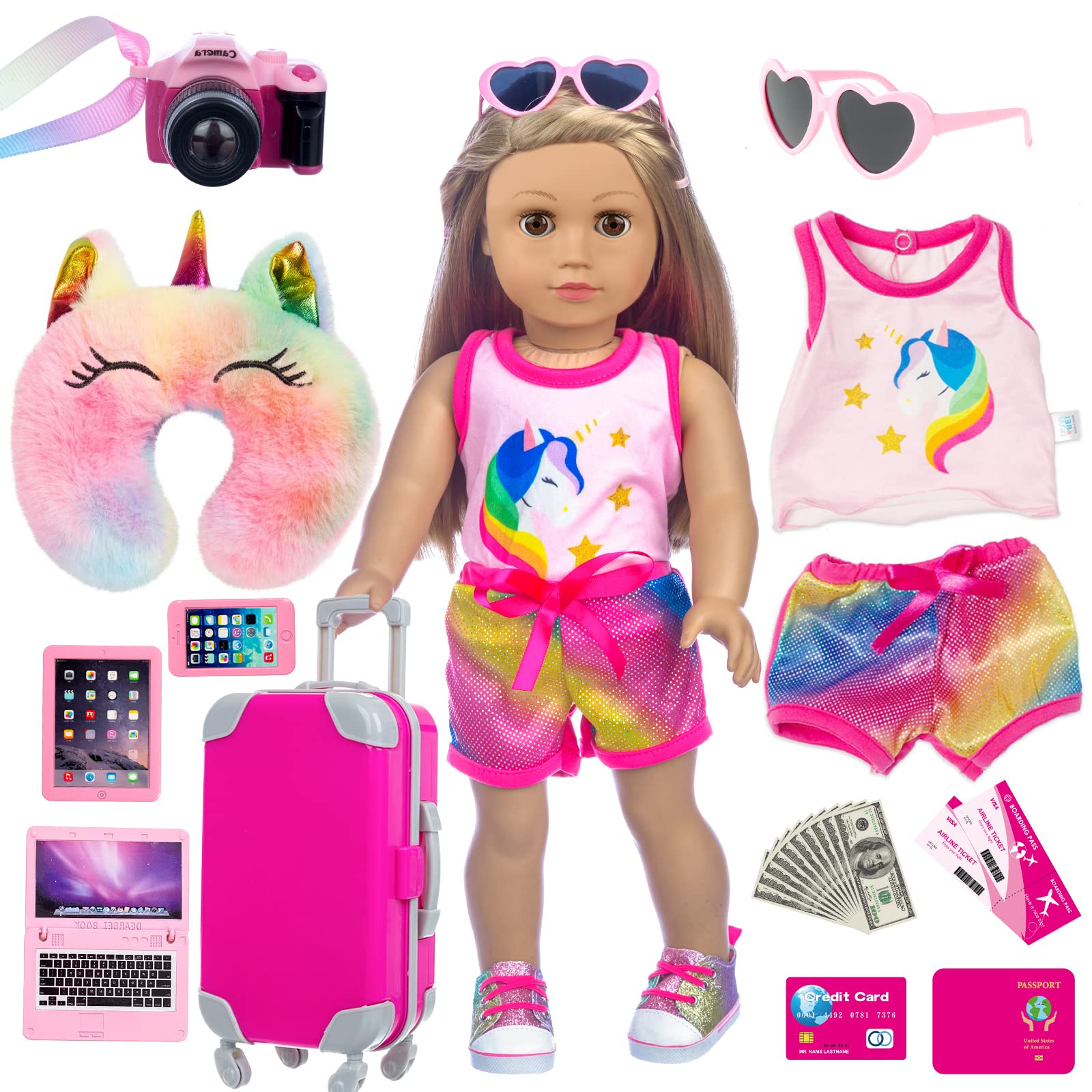 XFEYUE 23 Pcs American 18 inch Doll Clothes and Accessories - Suitcase Luggage , Pillow, Sunglasses, Camera, Passport, Mobile Phone , Computer Doll Travel Gear Play Set (No Dolls)