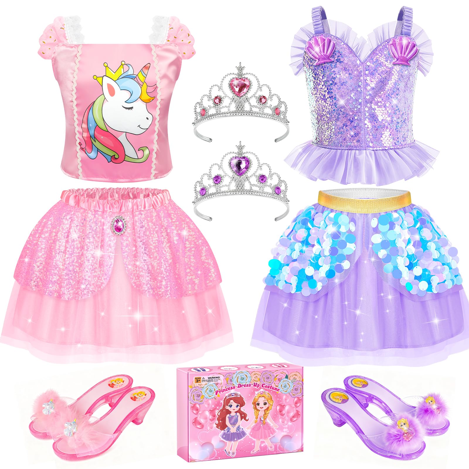 Princess Dress Up CLothes with Princess Shoes, Kids' Dress Up & Pretend Play Costumes for Little Girls, Mermaid & Unicorn Dress Up Toys Set for Toddlers, Christmas Birthday Gifts for 3-6 Role Play