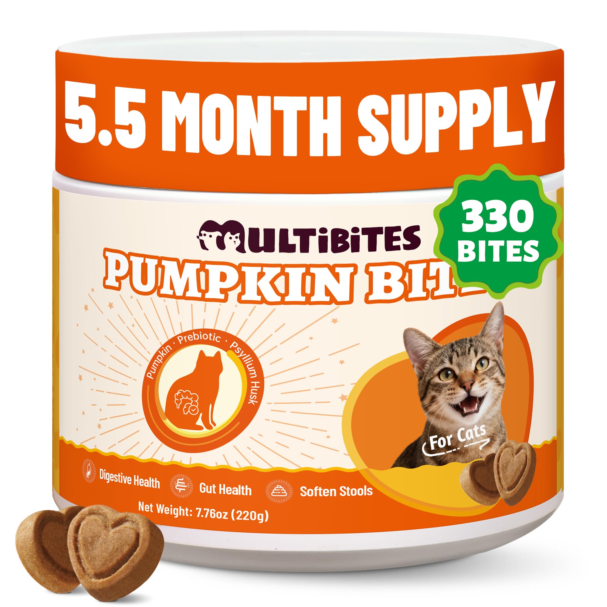 330 Bites Pumpkin Cat Treats, Natural Cat Treats Healthy with Pumpkin Powder for Cats, Psyllium Husk, Digestive Support Kitten Snacks for Stool Firm & Gut Health