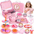 Hohosunlar Tea Party Set for Little Girls, Princess Tea Time Toy for Toddler, Tin Tea Set Include Tea Cups Teapot Dessert Kitchen Pretend Play with Carrying Case, Easter Birthday Gift for Kids Age 3-8