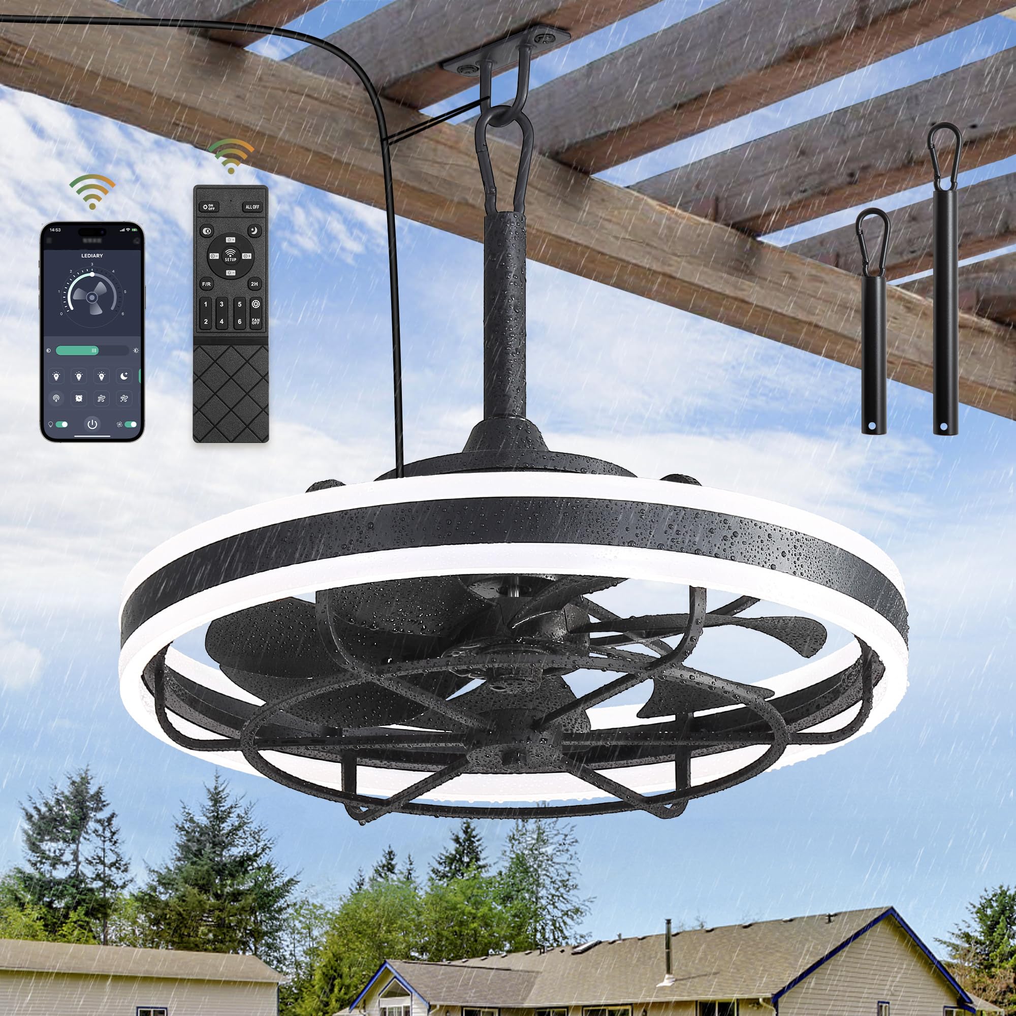 LEDIARY 20" Outdoor Ceiling Fans with Light, IP65 Waterproof Gazebo Fan with Hanging Hook, App Control for 3CCT Dimmable, Caged Plug in Ceiling Fan with Hanging Hook for Patio, Porch, Pergola