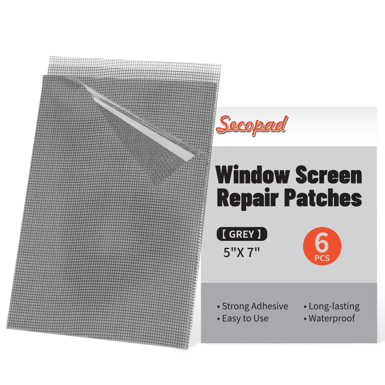 Secopad 5" x 7" Grey/Black Screen Repair Kit, 6 PCS Window Screen Patch Repair Tape for Mesh Window Door, Strong Adhesive Fiberglass Mesh Patch Tape