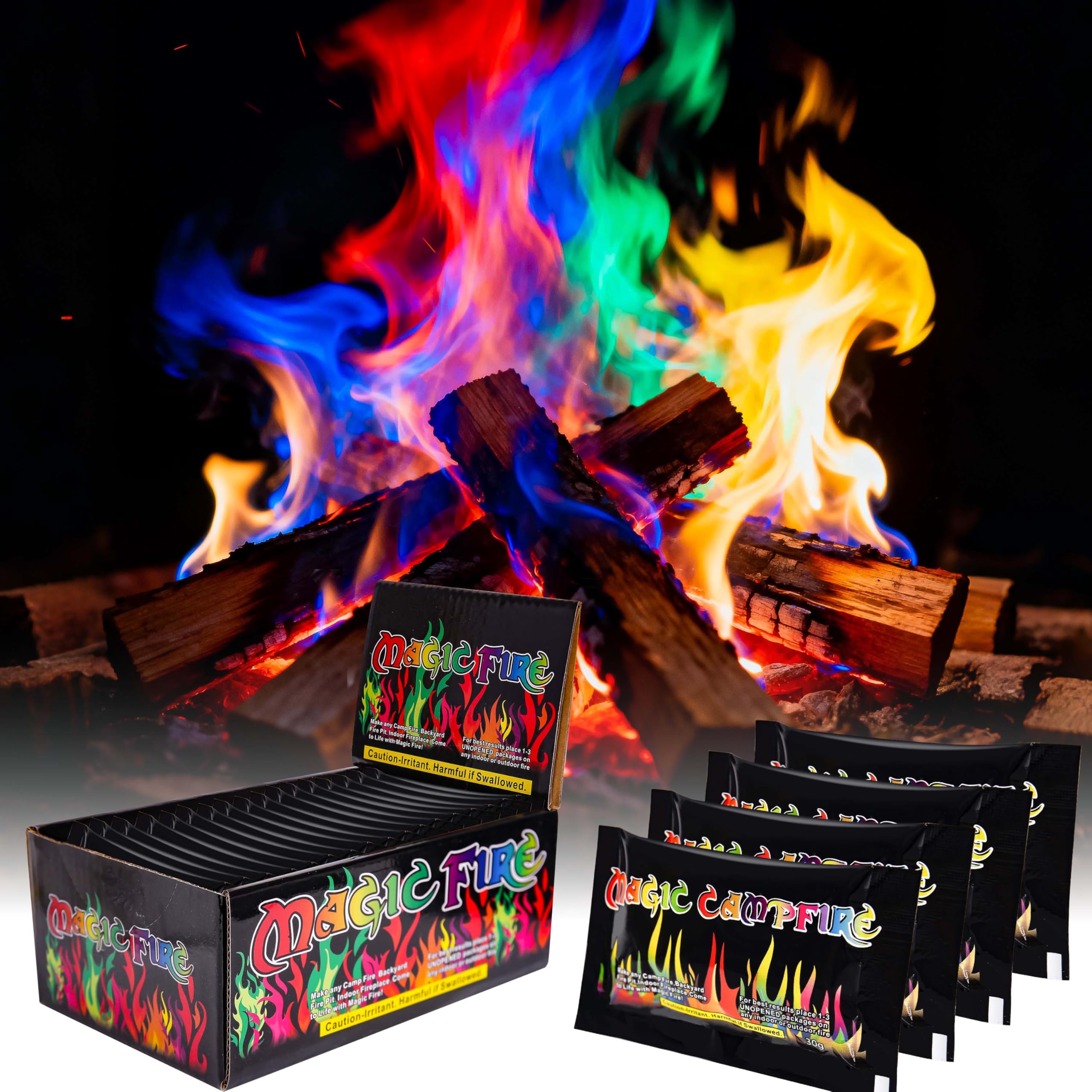 Magic Fire Color Changing Packets (20 Pack) for Fire Pits, Campfire, Bonfire & Outdoor Fireplace, Long Lasting, Vibrant, Non-Toxic Colored Rainbow Flames Camping Essentials & Accessories