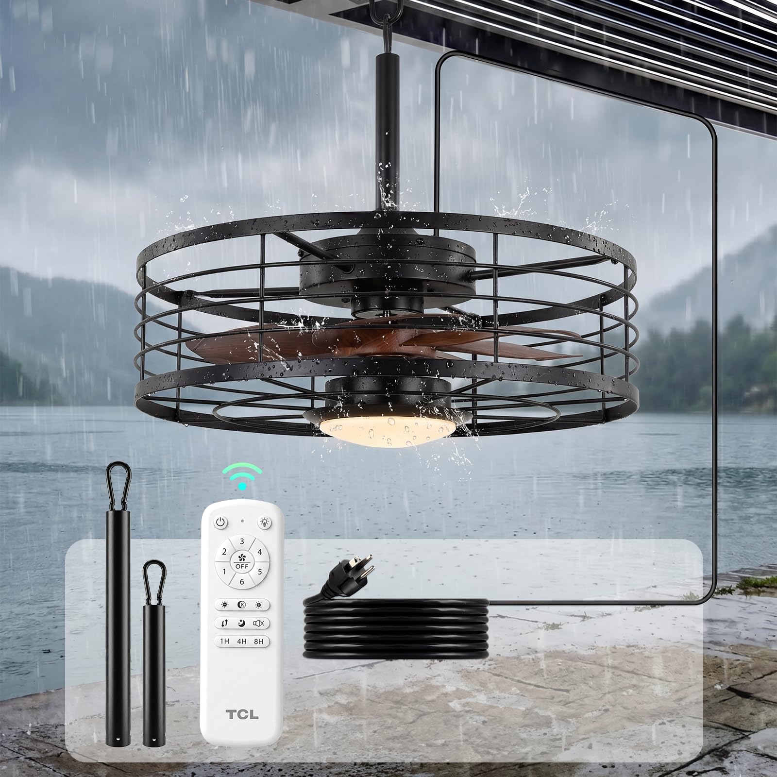 TCL Waterproof Ceiling Fan with Light: 20 Inch Black Metal Cage Design with 7 Blades for Patio, Porch, Gazebo, Remote Control, 6 speeds, Dimmable LED, DC Motor, Noiseless Fan(Black, 20 Inch)