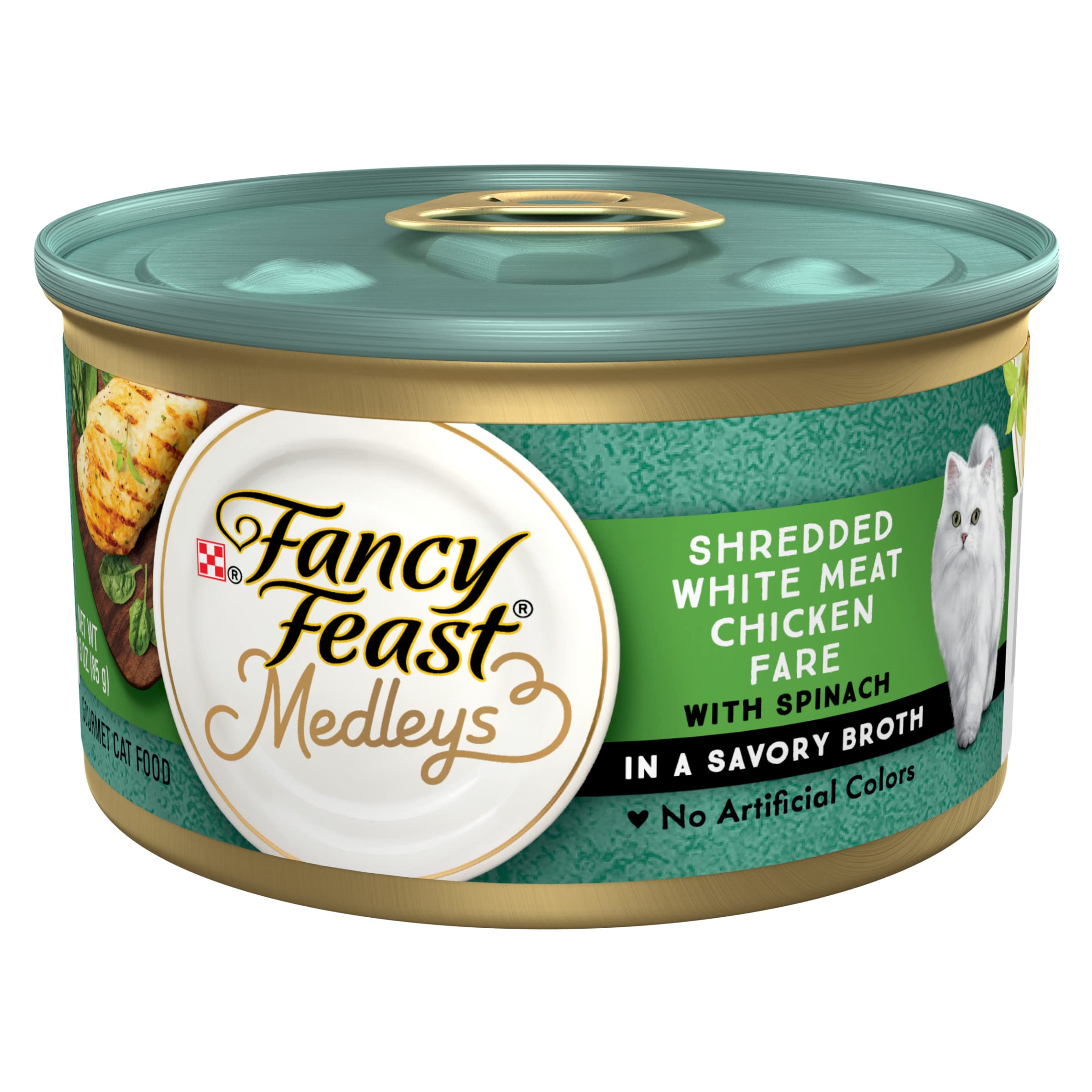 Purina Fancy Feast Wet Cat Food Medleys Shredded White Meat Chicken Fare With Spinach in Savory Cat Food Broth - (Pack of 24) 3 oz. Cans