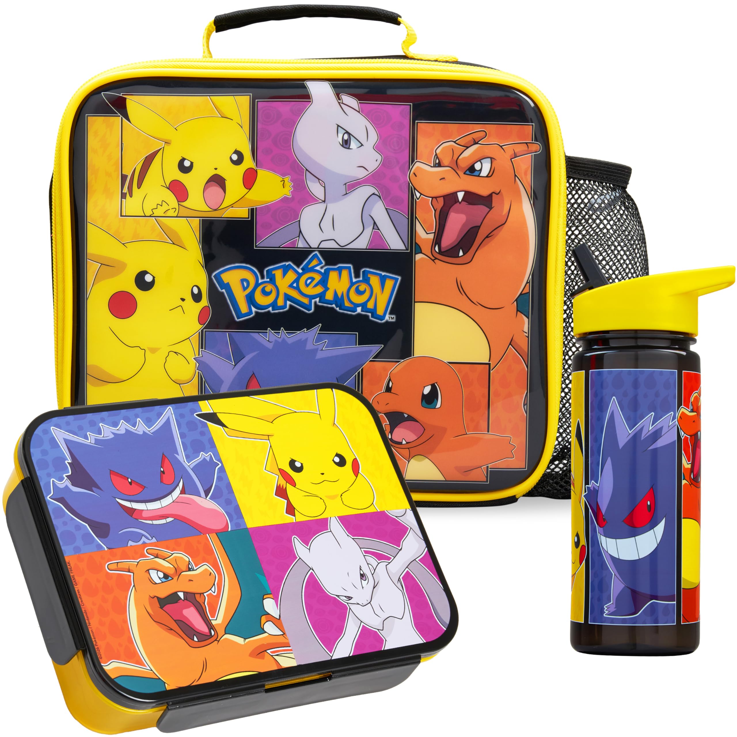 Get Trend Pokemon Kids Insulated Lunch Bag 3Pc Set with Bento Box & 20 fl oz BPA-Free Water Bottle with Straw, Lightweight Kids Lunch Box, Pikachu Anime Gifts for Gamers