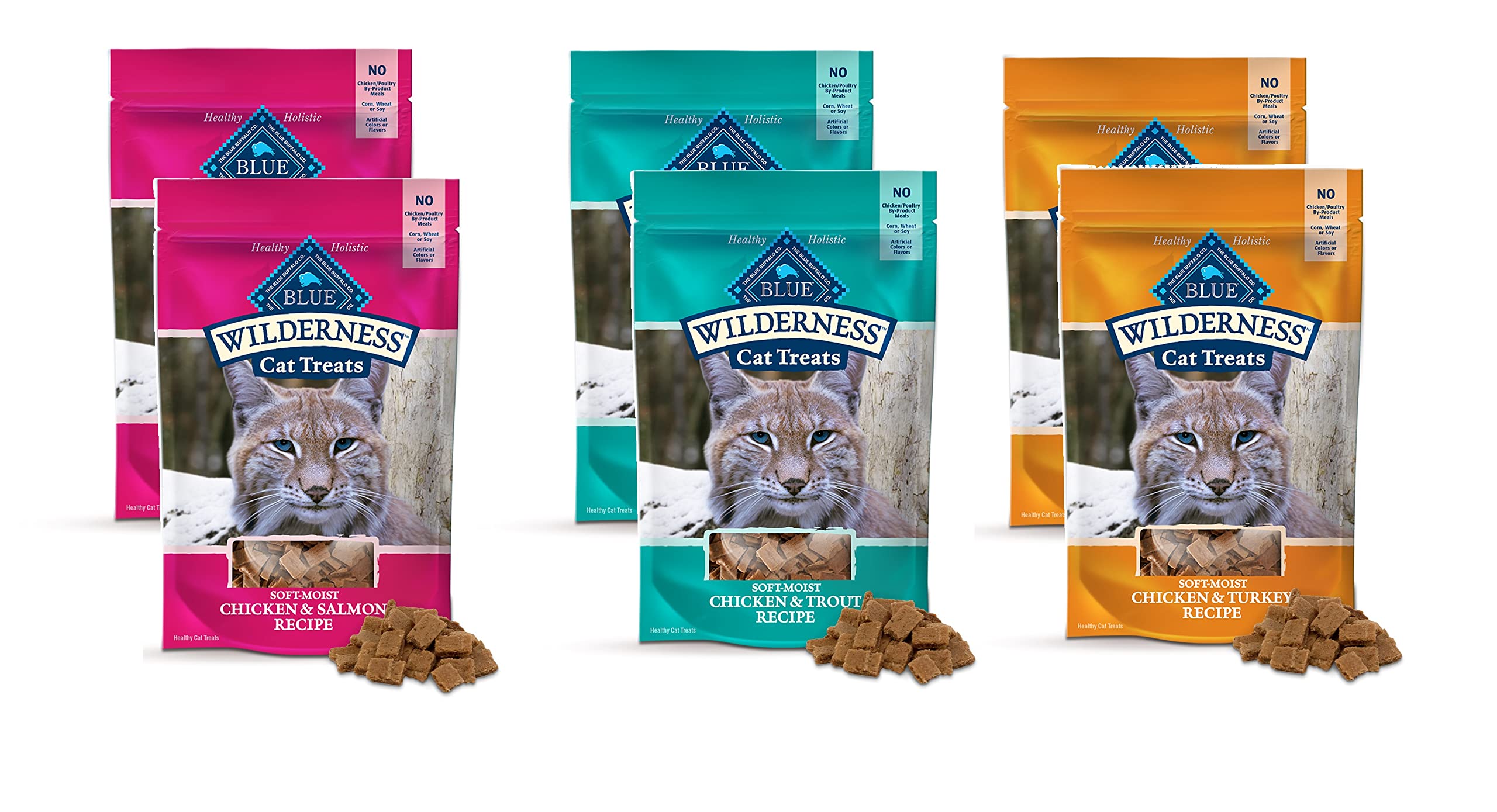Buffalo Wilderness Soft Moist, Grain Free, Cat Treats, Variety Pack - 3 Flavors 2 Pack ( Chicken & Trout, Chicken & Salmon, Chicken & Turkey) - 2 Oz
