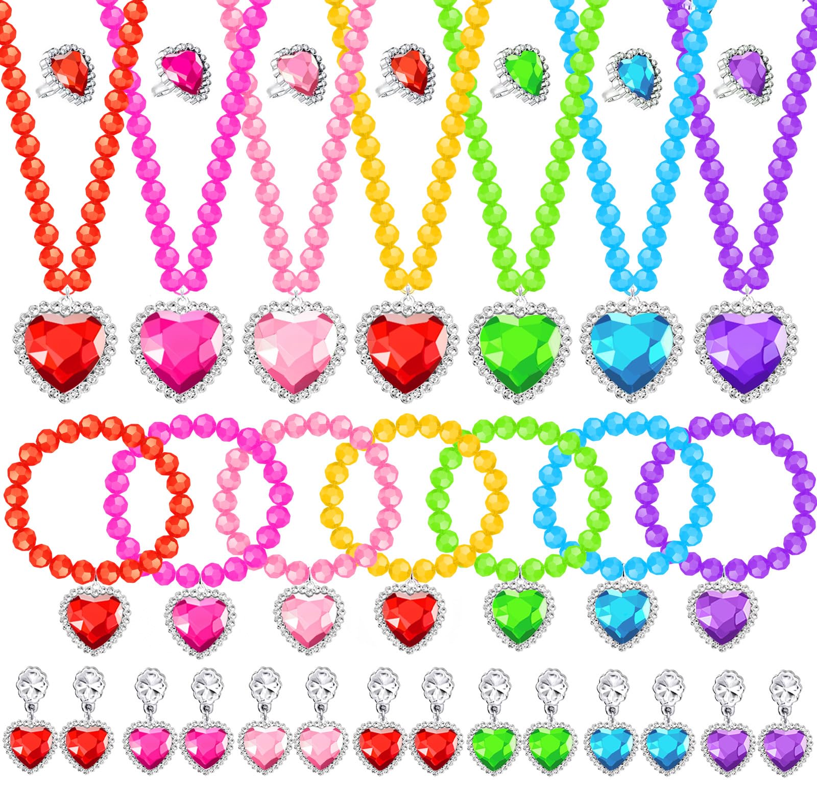 Princess Jewelry Set for Girls with Colorful Necklace Bracelets Rings Earrings Birthday Gifts Party Favors Pretend Play Dress up Costume Friendship Jewelry for Toddler Girls (Heart)