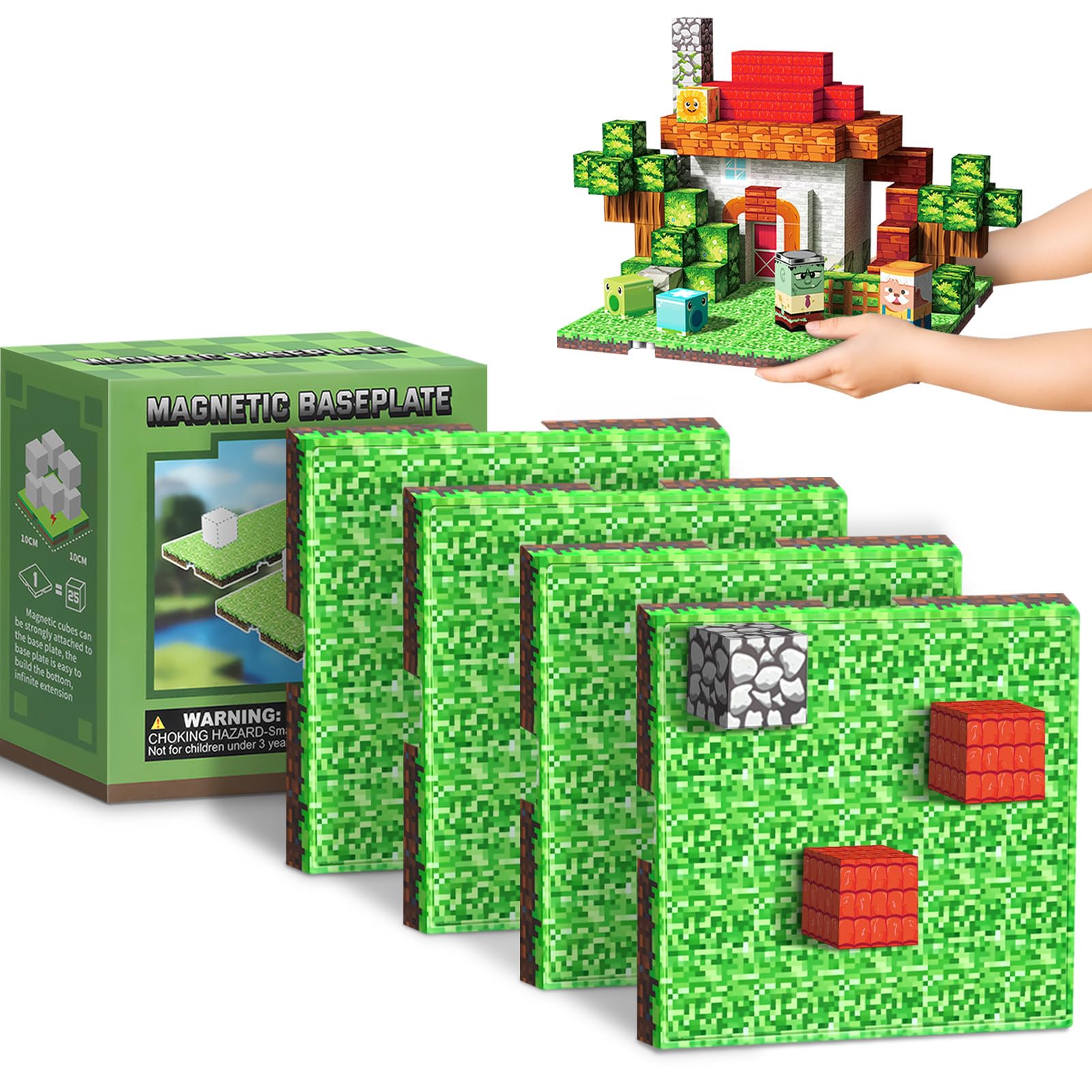 Magnetic Blocks Baseplate - Magnet Toys for Kids, 4PCS Baseplate for Minecraft Magnetic Building Blocks Placing 4" x 4", STEM Toys Birthday Gifts for Boys Girls Age 3+ Years Old, Grassland