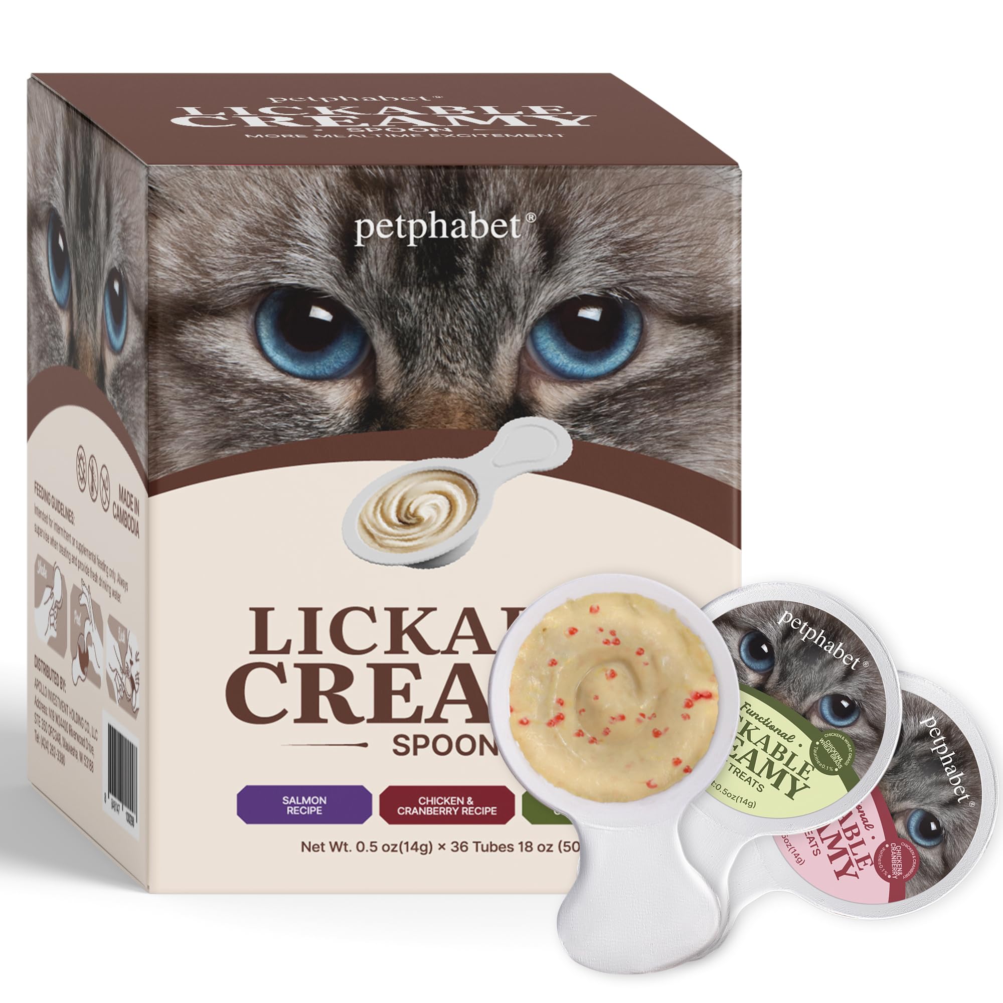 PETPHABET Lickable Cat Treats Spoon, 36 Count Creamy Puree Kitten Treats Variety Pack, Functional Wet Paste Cat Snacks for Skin & Coat Support, Hairball Relief, Urinary Health, Grain-Free Kitty Treat