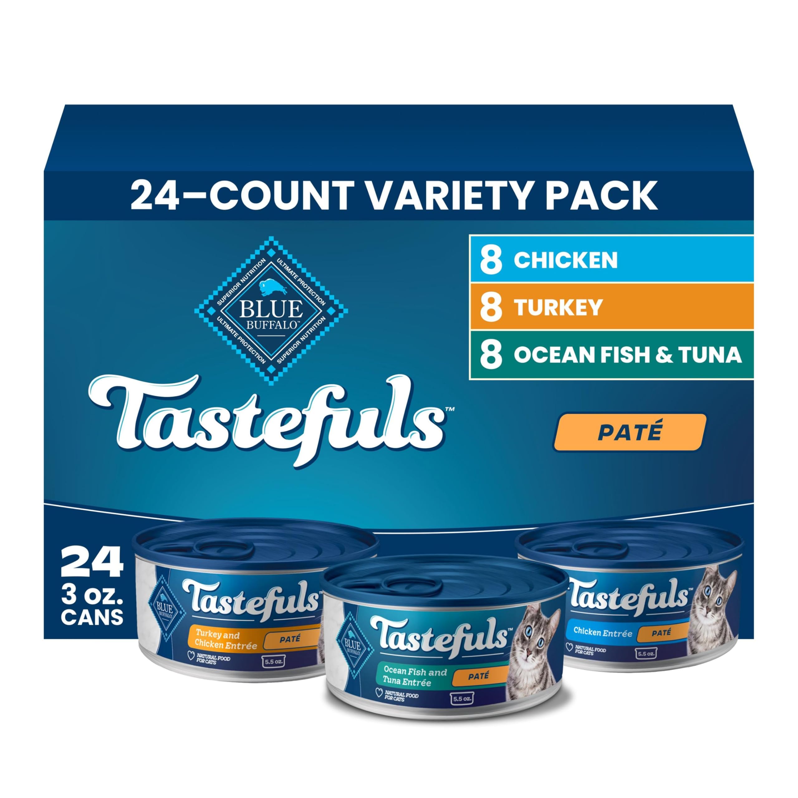 Blue Buffalo Tastefuls Wet Cat Food Paté Variety Pack (Chicken, Turkey & Chicken, Ocean Fish & Tuna) for Adult Cats, Made with Natural Ingredients, 5.5-oz. Each (24 Cans)