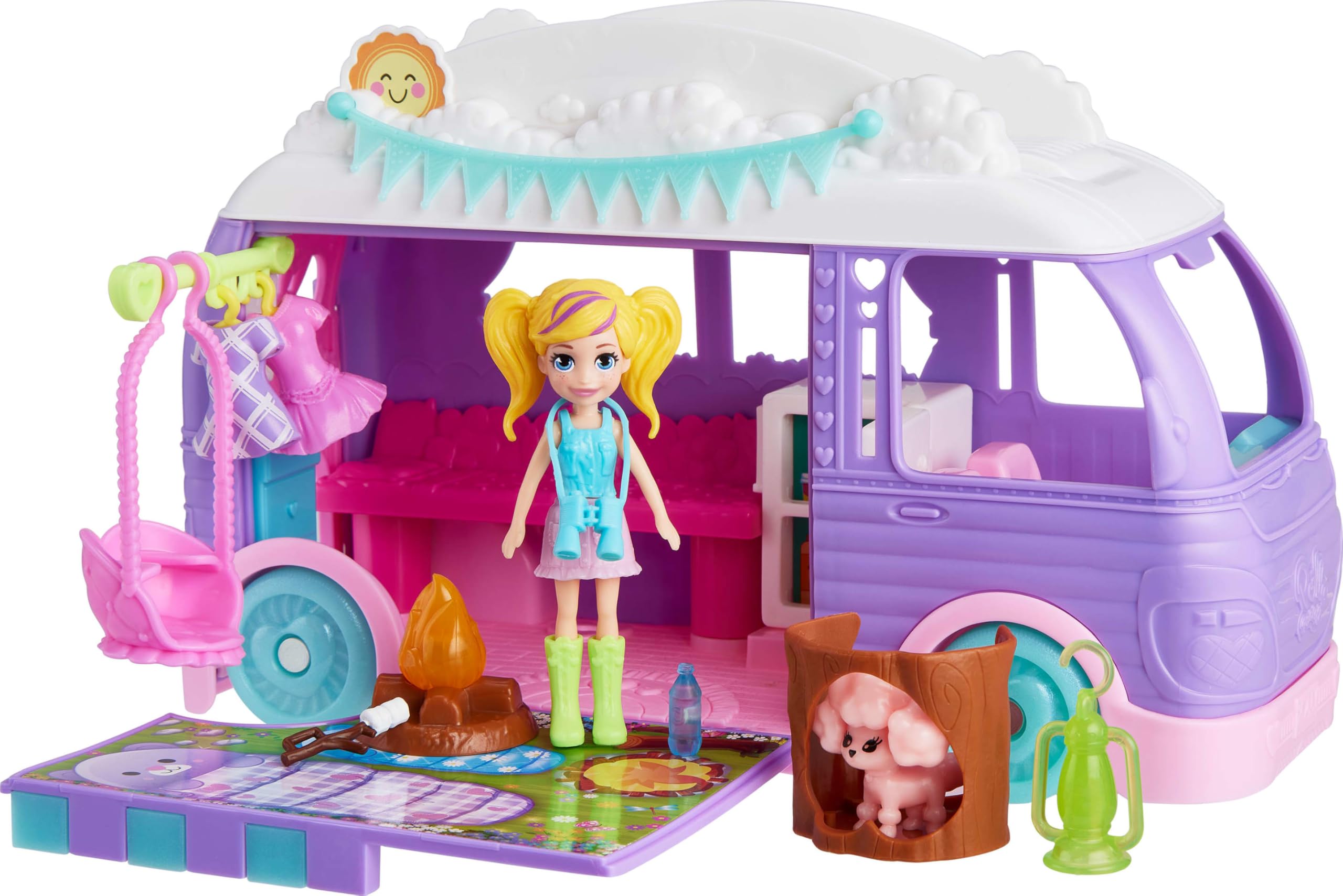 Polly Pocket Doll & Pet Playset, Travel Toy with Camping & Food Accessories, Glamping Camper Van (Amazon Exclusive)