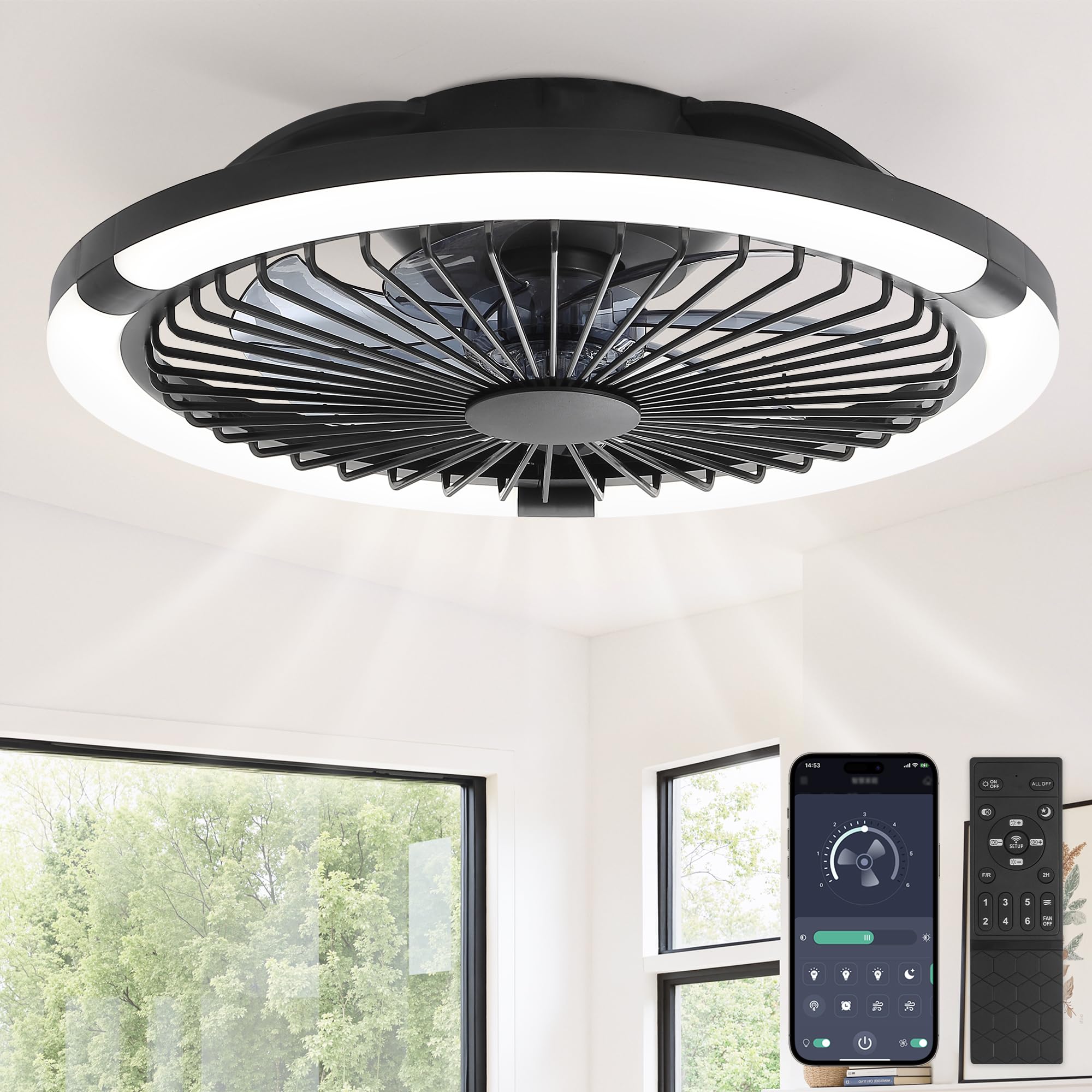 LEDIARY 20" Bladeless Ceiling Fan with Light,Low Profile LED Ceiling Fans with Remote & Smart APP Control,Modern Enclosed Flush Mount Fandelier with Timming,6 Speed,3000-6000K,Bedroom,Kids Room-Black