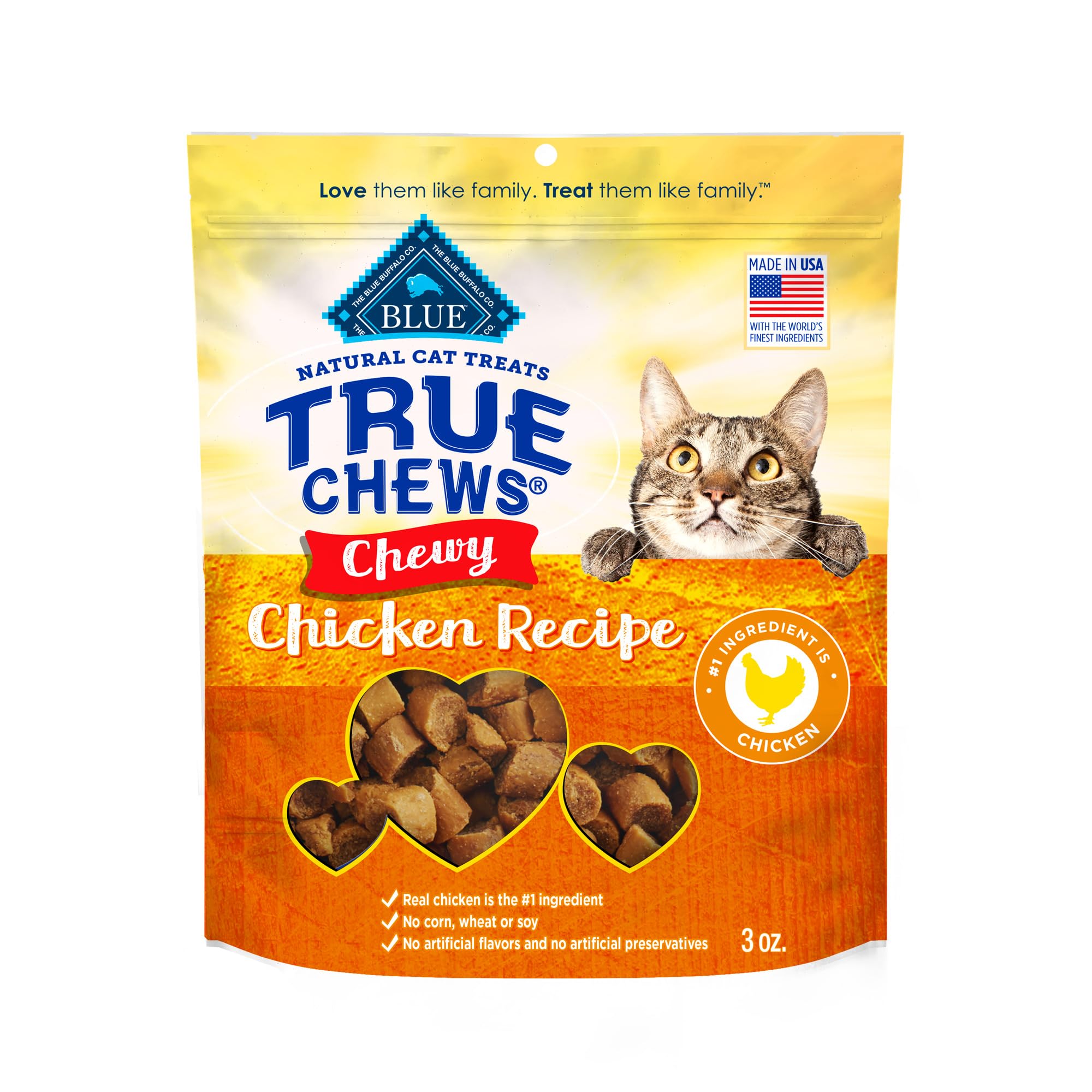 Blue Buffalo True Chews Natural Chewy Cat Treats, Made in the USA, Chicken Recipe, 3-oz Resealable Bag