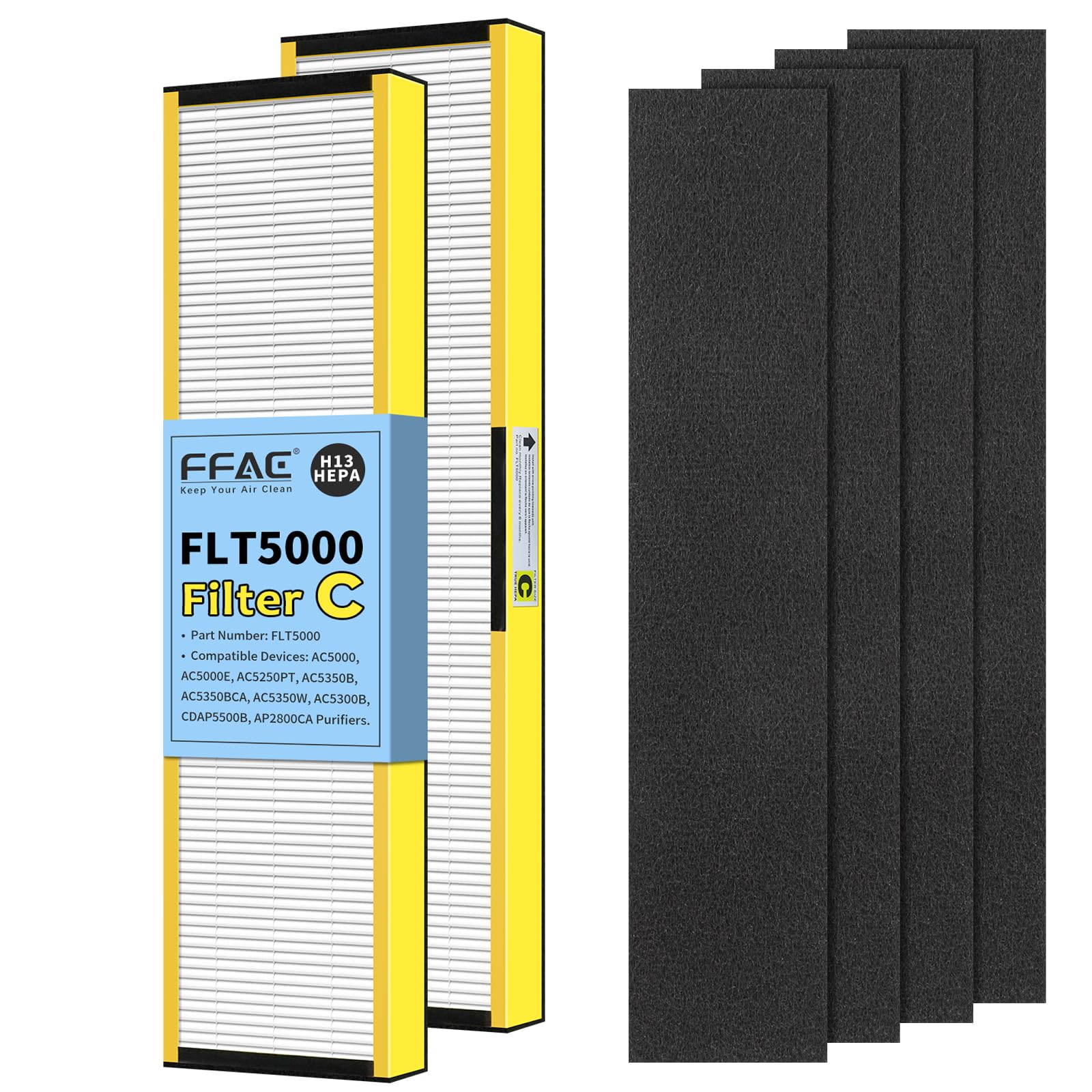 FLT5000 Filter-C True HEPA Replacement Filter for Guardian AC5000E AC5000 Air Purifier Compatible with AC5250PT, AC5350B, AC5350W, AC5350BCA, AC5300B Air Cleaner, 2 Pack HEPA + 4 Pre-Filters