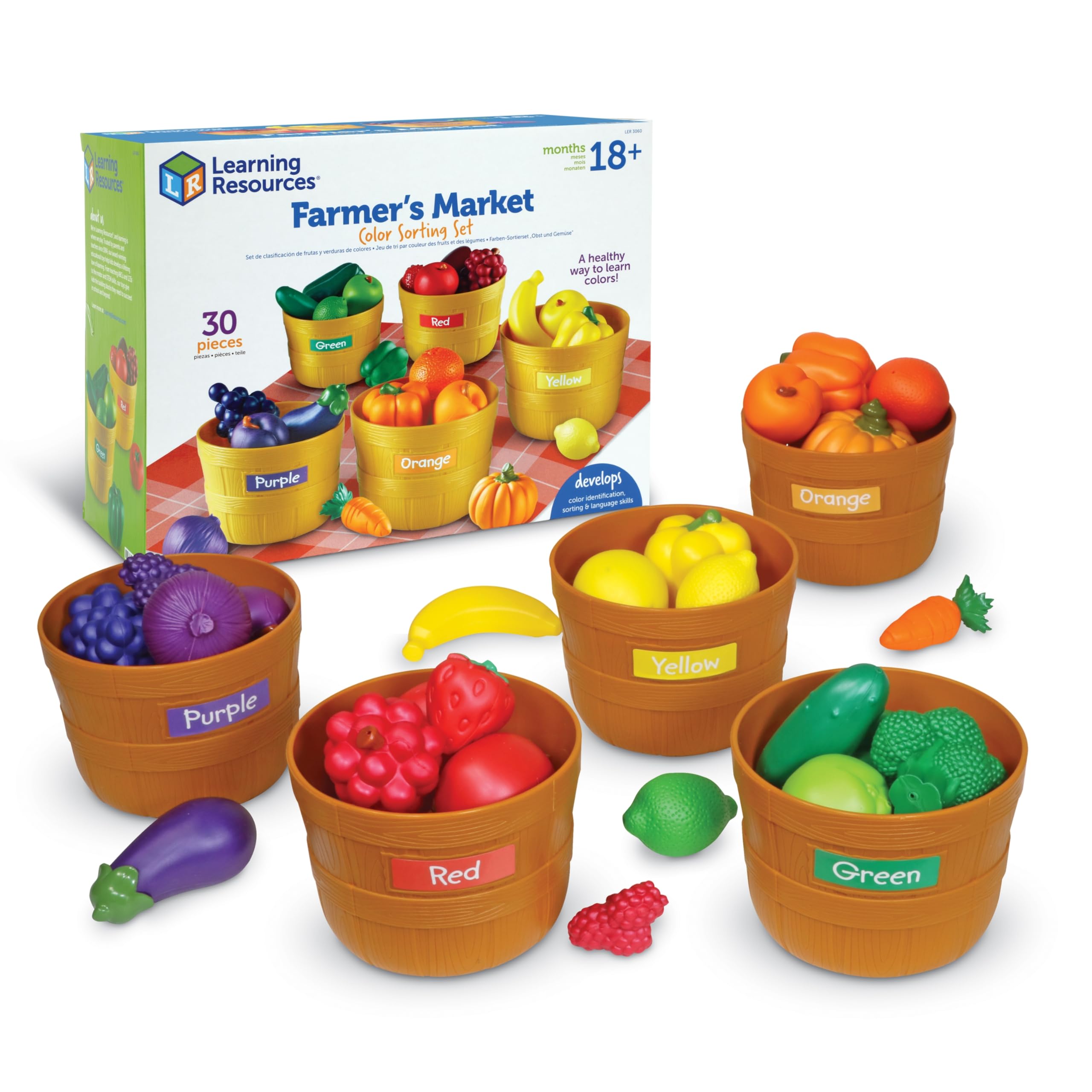 Learning Resources Farmer's Market Color Sorting Set - Pretend Play Food Sets for Kids Kitchen, Color Sorting Toys, Plastic Fruit and Vegetable Toy for Kids Kitchen Set, Play Food for Toddlers 1-3