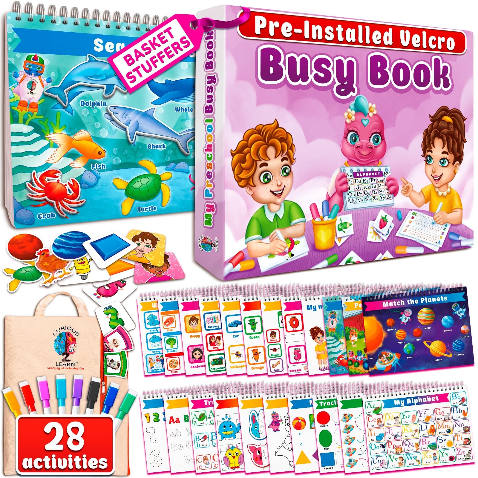 Curious 2 Learn Montessori Busy Book for Toddlers Ages 3–5 — PRE-Installed Velcro, 28 Activities, 165+ Pieces, Travel Bag & 8 Markers — Screen-Free Preschool Learning Toy, Boys & Girls