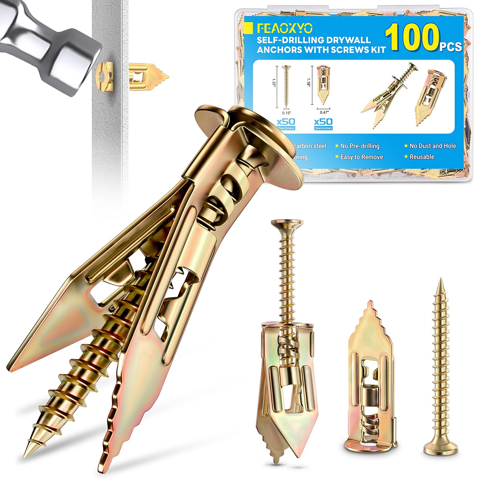 Upgraded 100 Pcs Self Drilling Drywall Anchors with Screws Kit, Zinc Plated Steel Sheetrock Anchors and Screws, No Drill Needed, Holds 66LB for TV, Shelf, Decor, Picture Frame Wall Mounting
