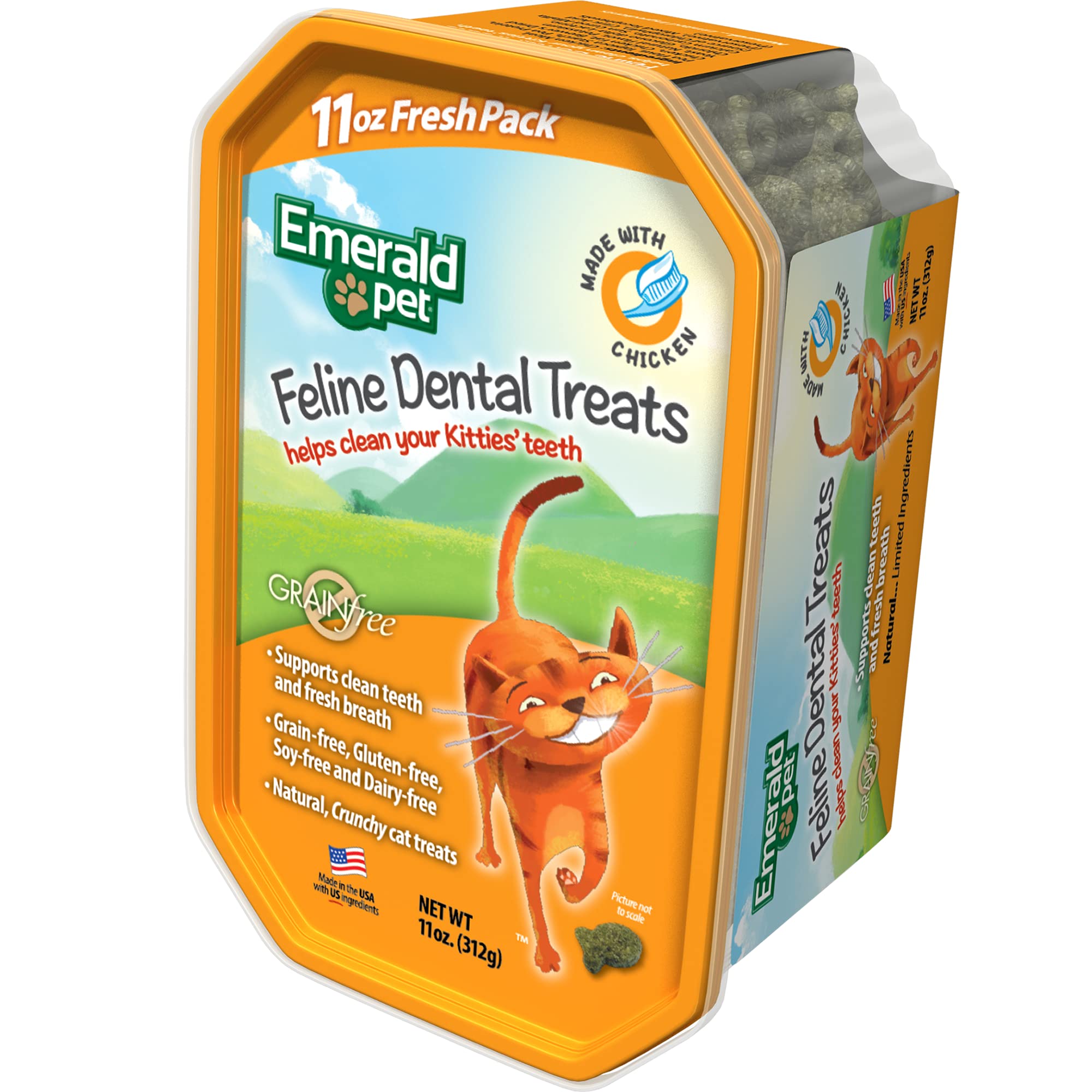 Emerald Pet Grain-Free Cat Dental Treats with Chicken – Crunchy Natural Dental Treats for Cats to Clean Teeth, Freshen Breath, and Reduce Plaque & Tartar – 11 oz Tub