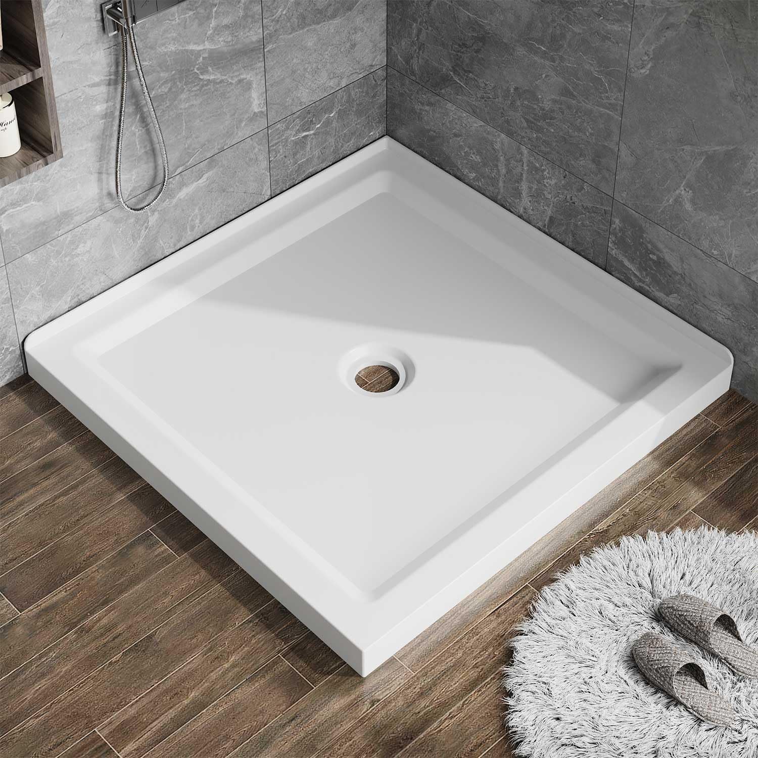 36" x 36" Shower Base with Center Drain, Double Threshold Acrylic ABS Pan, Anti-Slip Textured Surface, Easy Install, Black Bathroom Basin for Walk-in or Sliding Shower Doors,White