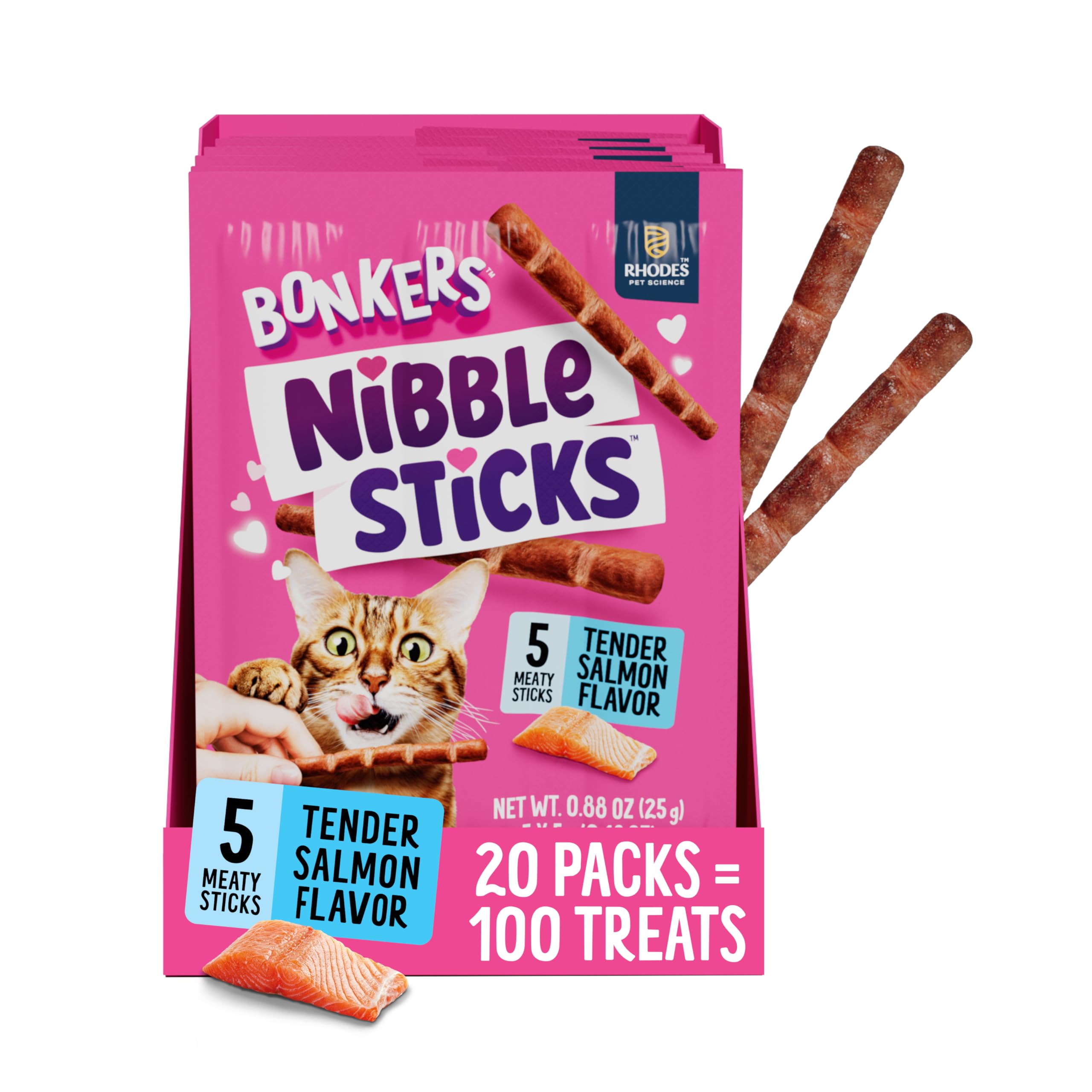 Bonkers Nibble Sticks Soft & Meaty Tender Salmon Flavor Cat Treats, 5 Sticks (Pack of 20)