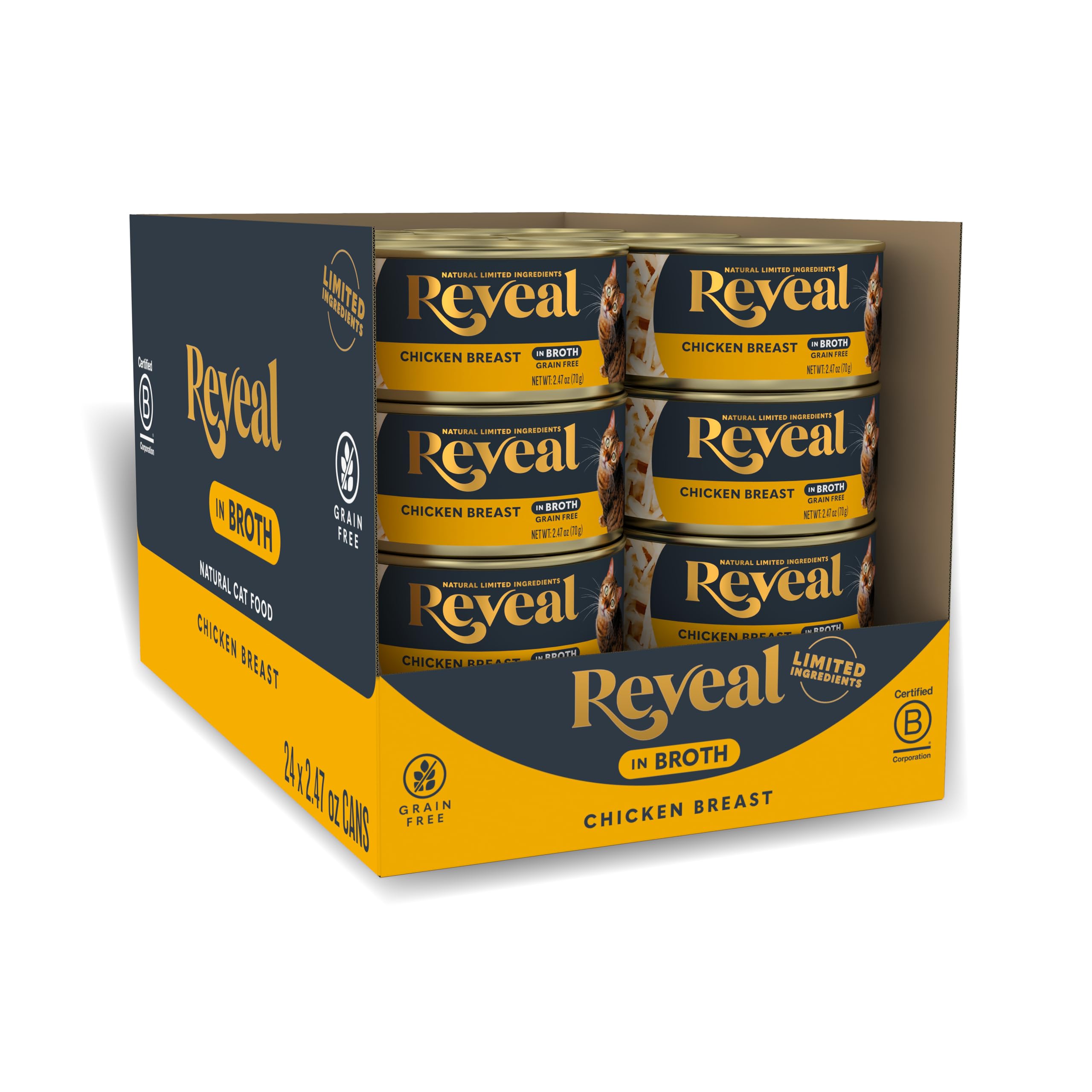 Reveal Natural Wet Canned Cat Food, Limited and Natural Ingredients, Grain Free, High Protein with No Artificial Additives, Chicken Breast in Broth (24 x 2.47 oz Cans)